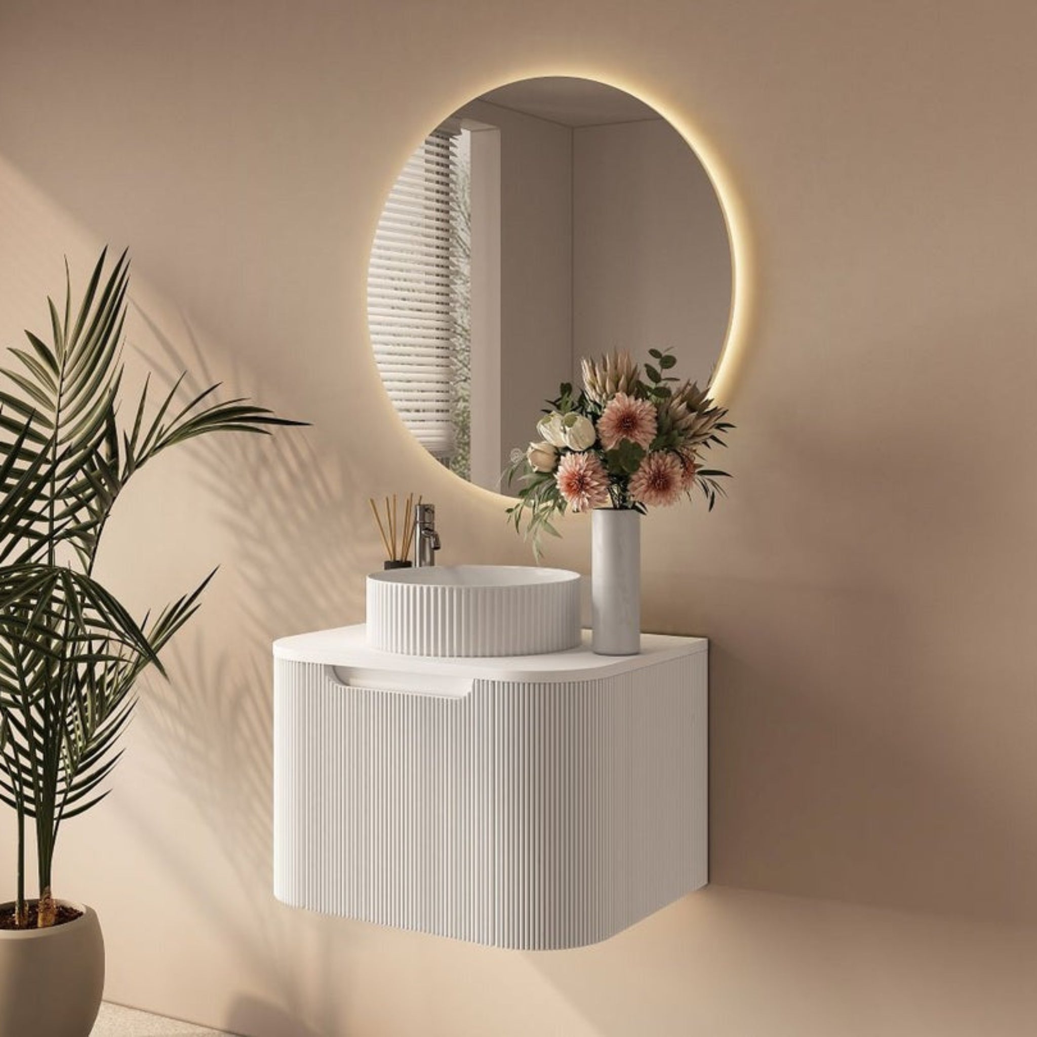 MERCIO ROME MATTE WHITE FLUTED 600MM SINGLE BOWL WALL HUNG VANITY