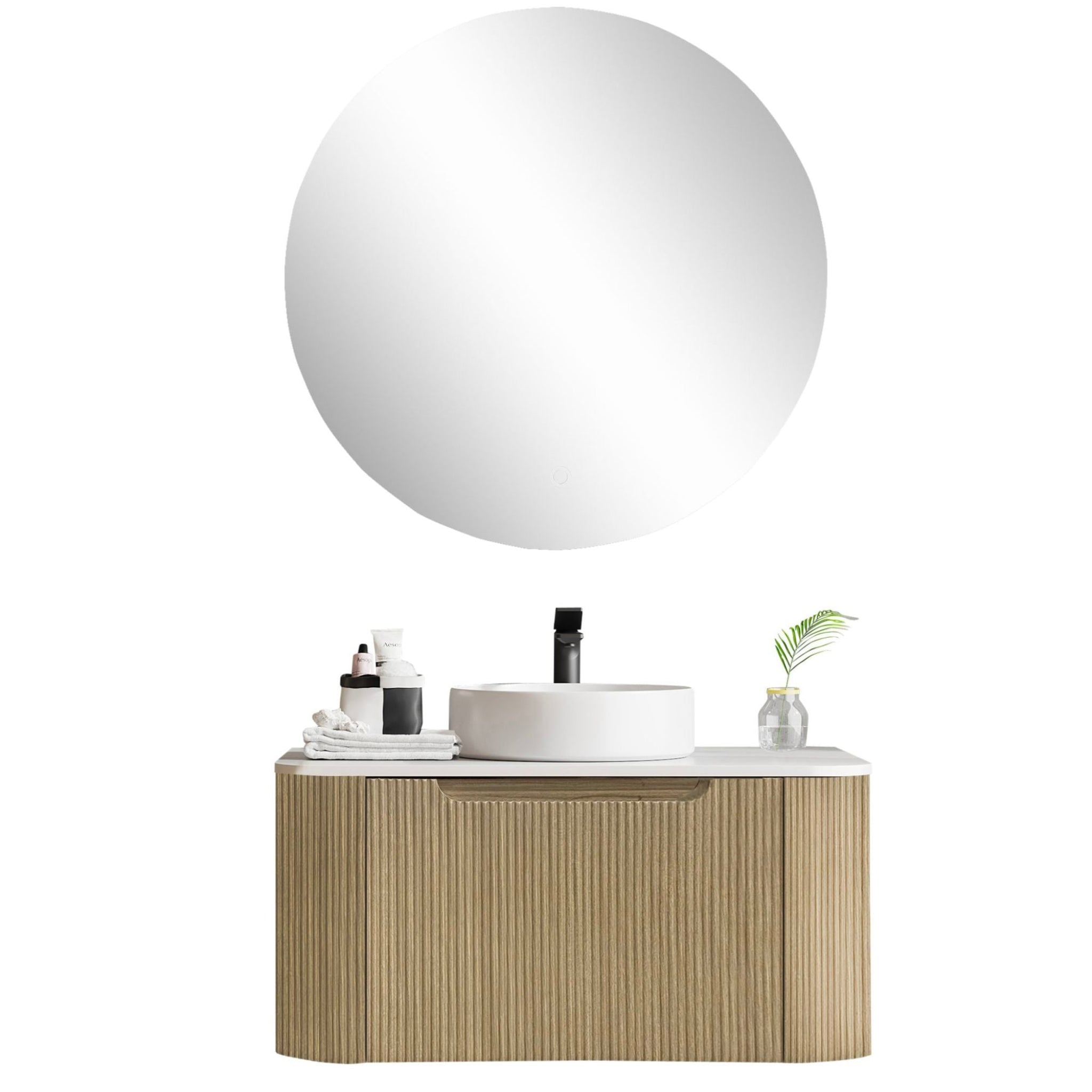 MERCIO ROME BUR OAK FLUTED 750MM SINGLE BOWL WALL HUNG VANITY