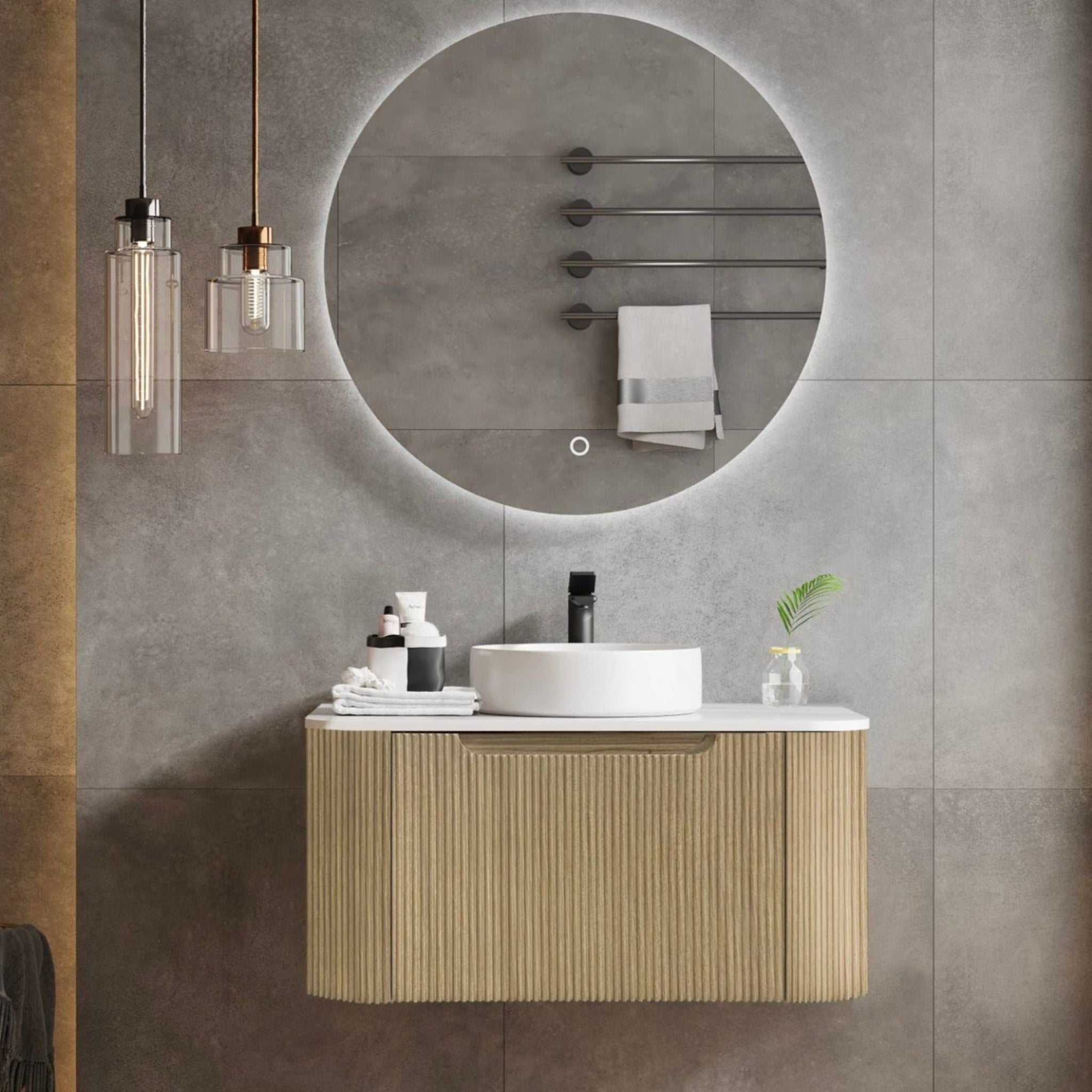 MERCIO ROME BUR OAK FLUTED 750MM SINGLE BOWL WALL HUNG VANITY