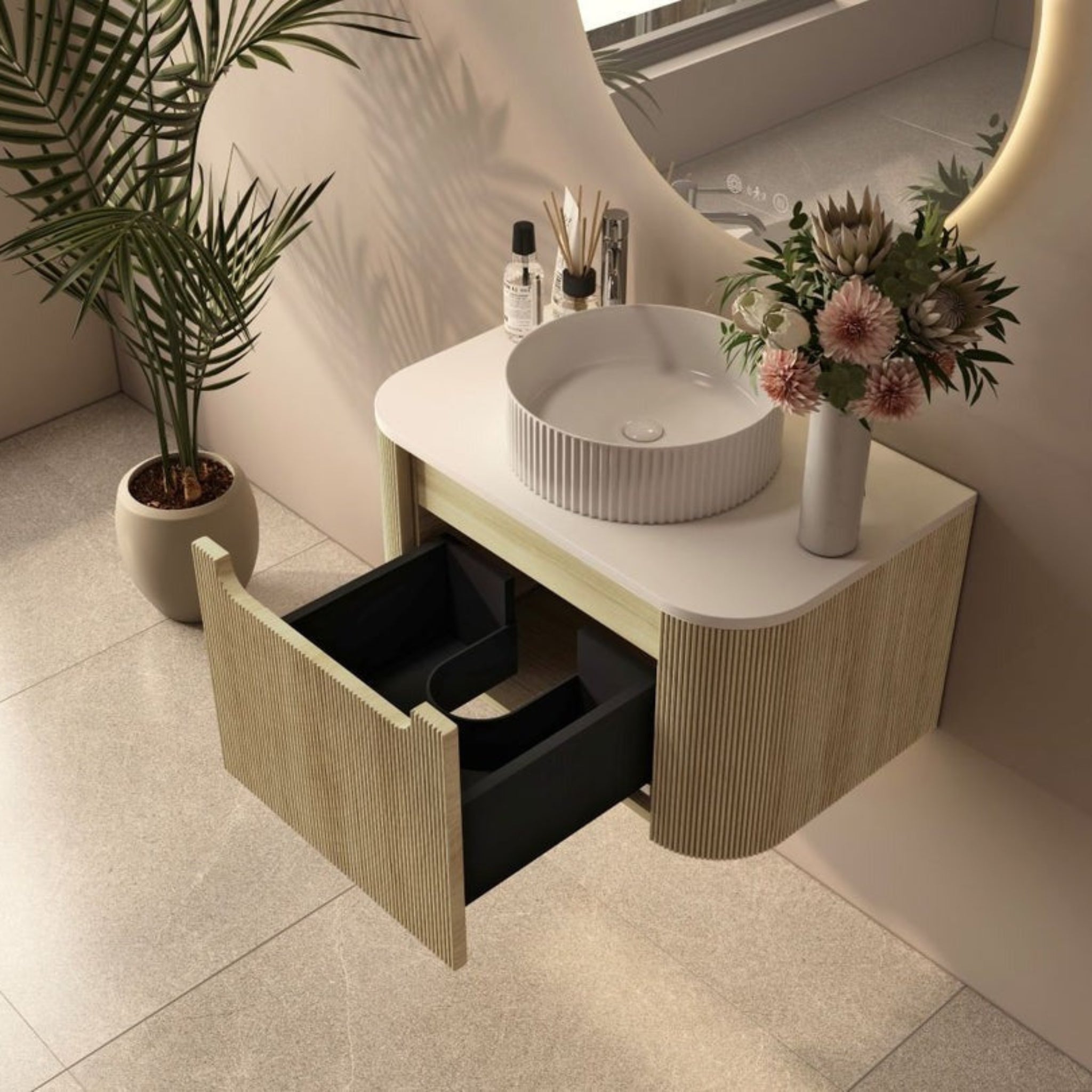 MERCIO ROME BUR OAK FLUTED 750MM SINGLE BOWL WALL HUNG VANITY