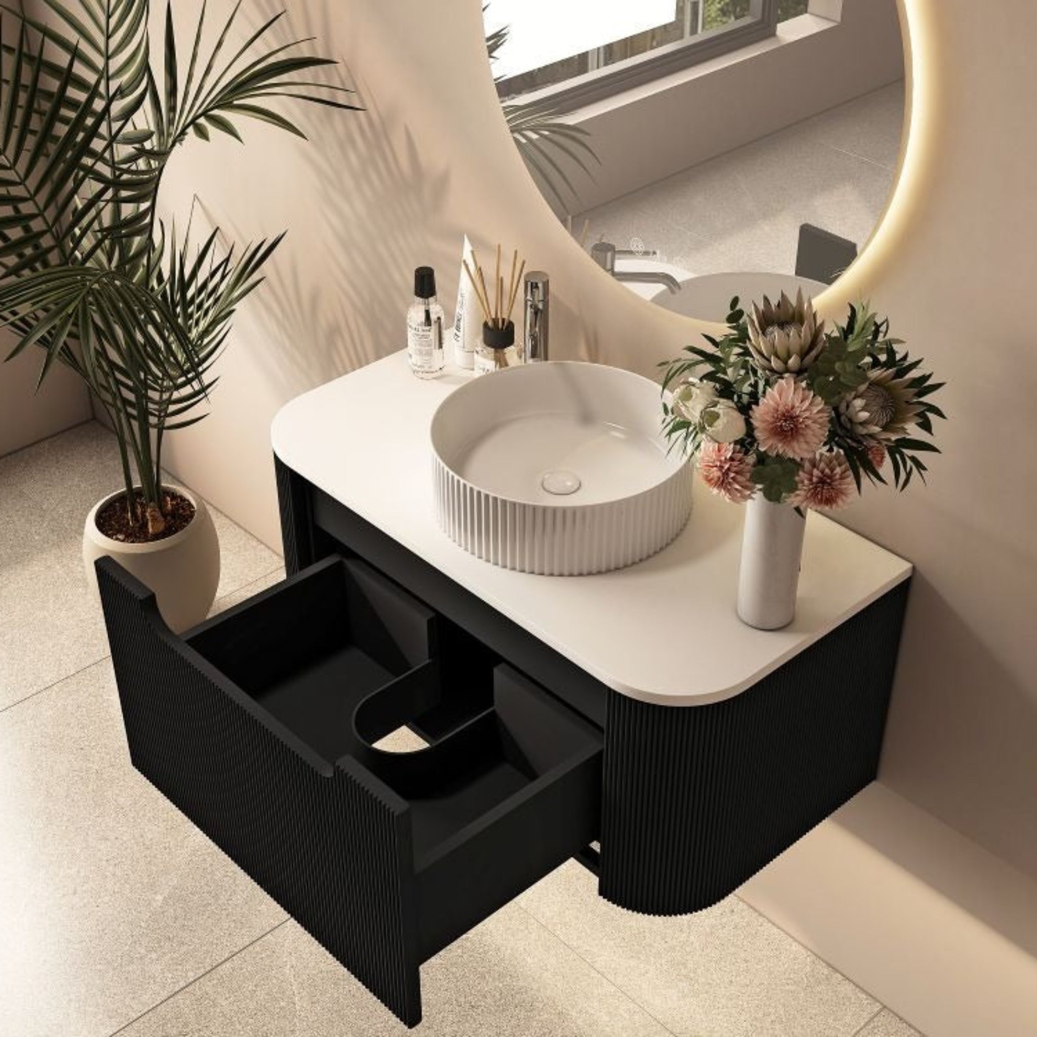 MERCIO ROME MATTE BLACK FLUTED 750MM SINGLE BOWL WALL HUNG VANITY