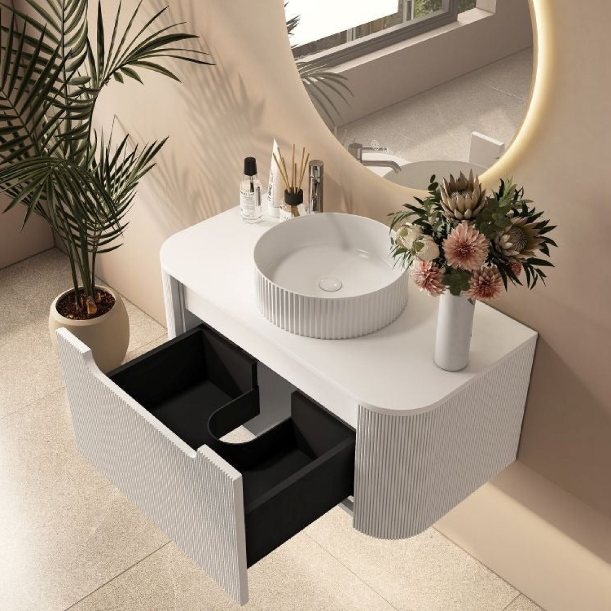 MERCIO ROME MATTE WHITE FLUTED 750MM SINGLE BOWL WALL HUNG VANITY