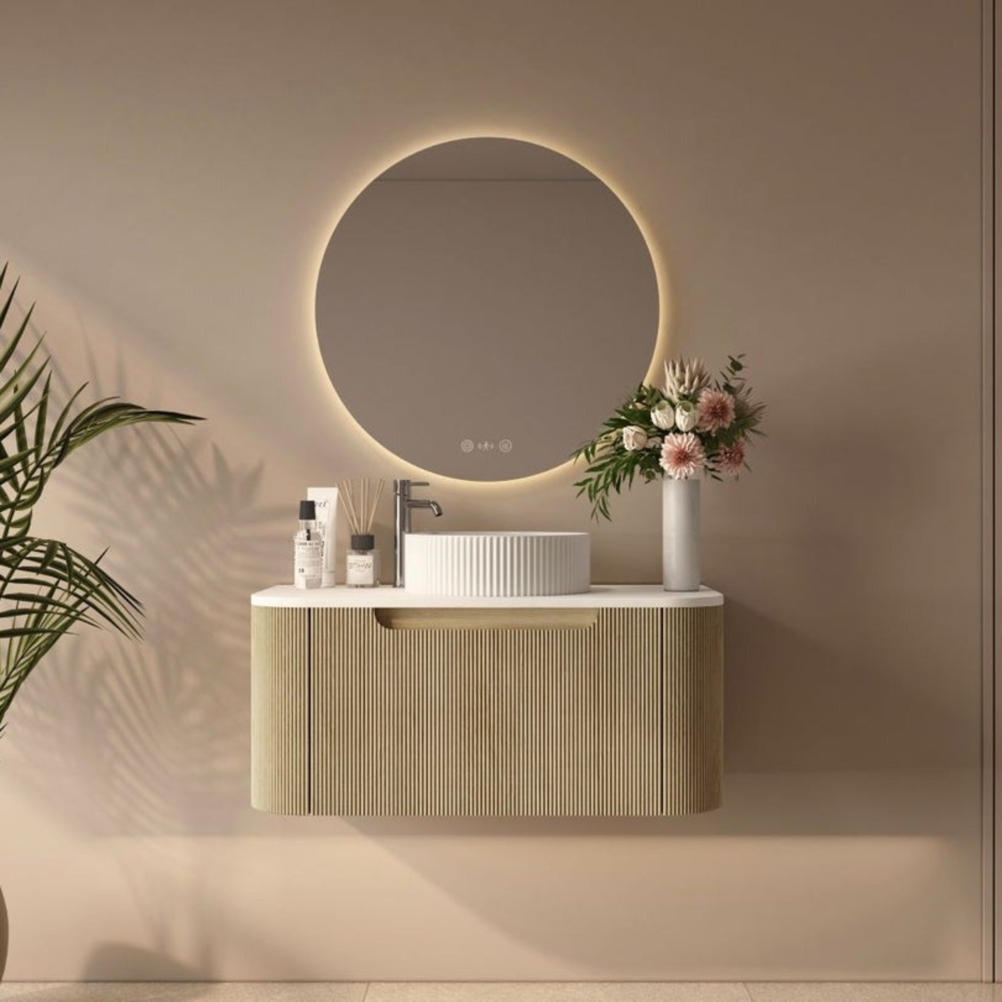 MERCIO ROME BUR OAK FLUTED 900MM SINGLE BOWL WALL HUNG VANITY