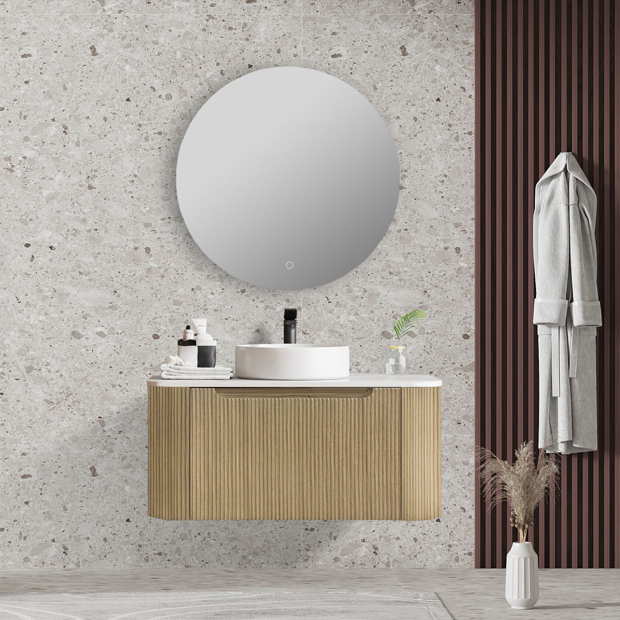 MERCIO ROME BUR OAK FLUTED 900MM SINGLE BOWL WALL HUNG VANITY