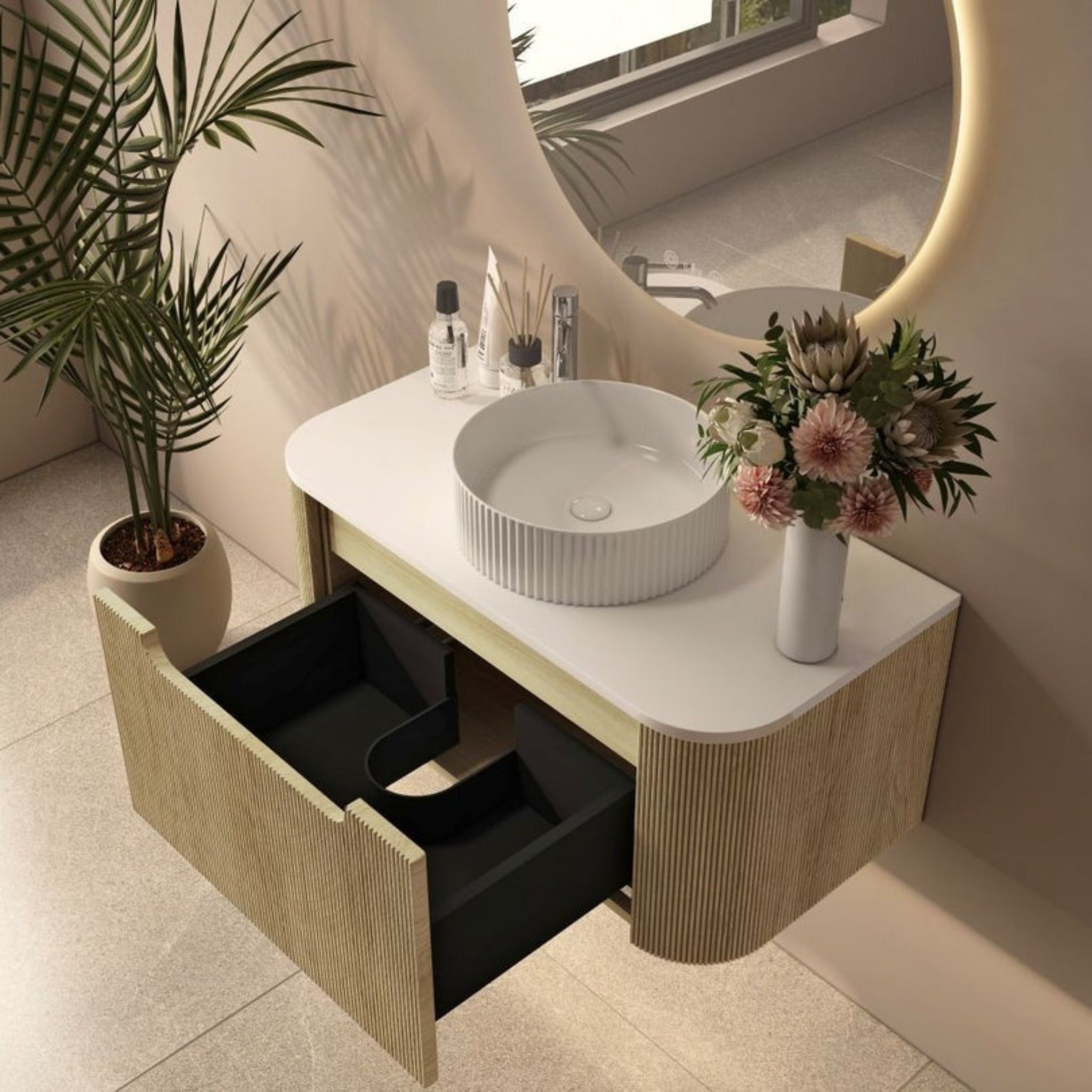 MERCIO ROME BUR OAK FLUTED 900MM SINGLE BOWL WALL HUNG VANITY