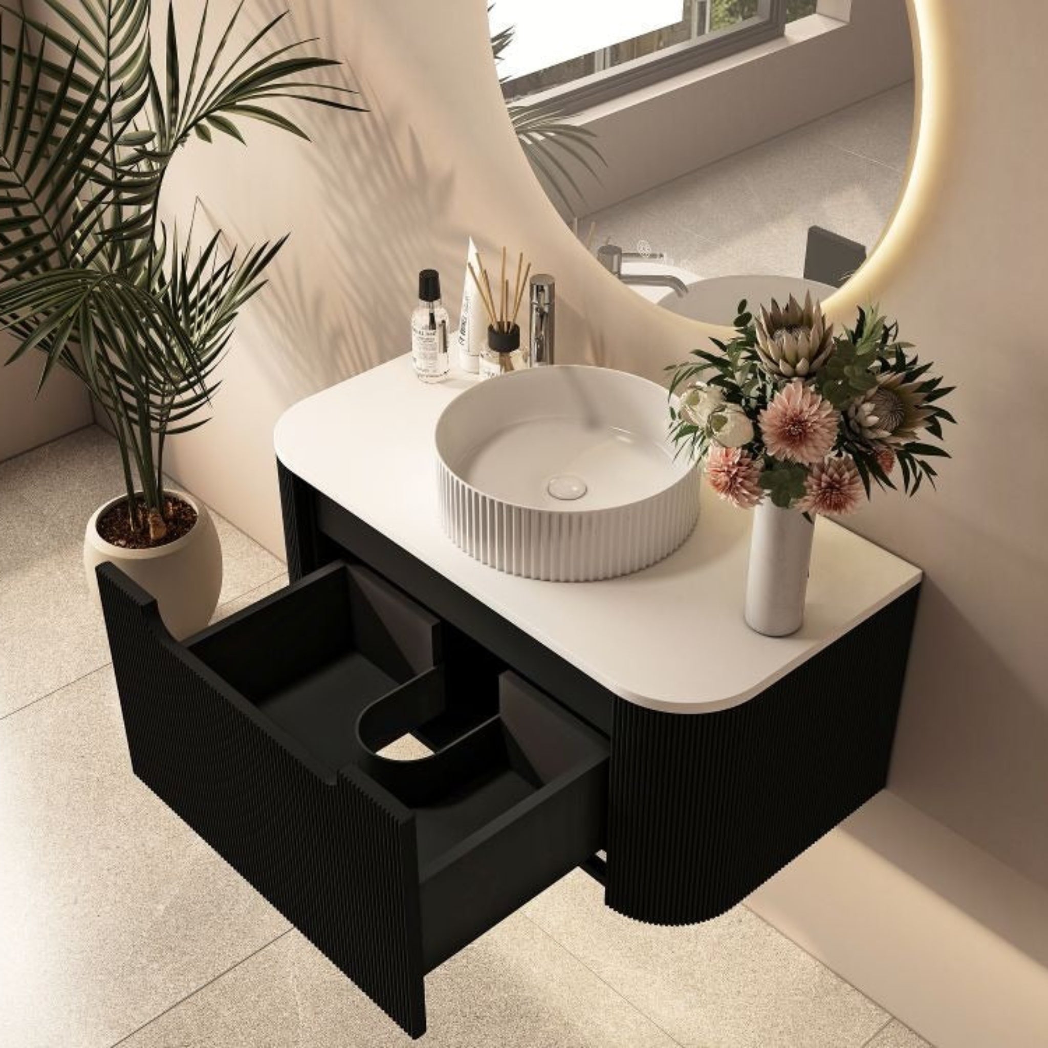 MERCIO ROME MATTE BLACK FLUTED 900MM SINGLE BOWL WALL HUNG VANITY