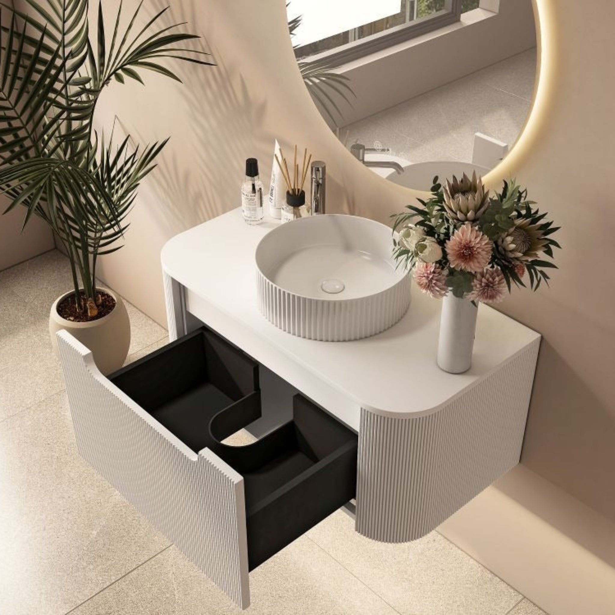 MERCIO ROME MATTE WHITE FLUTED 900MM SINGLE BOWL WALL HUNG VANITY