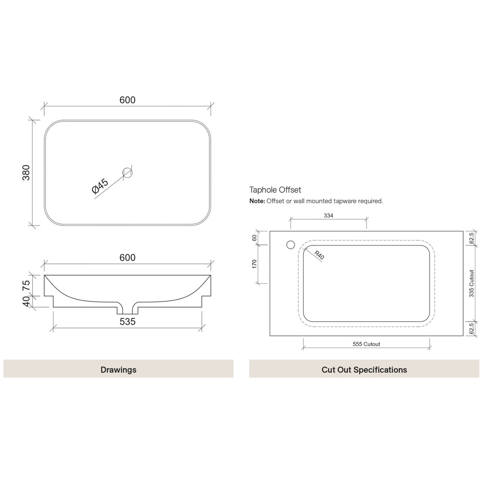 TIMBERLINE ROME INSET CERAMIC BASIN GLOSS WHITE 600MM