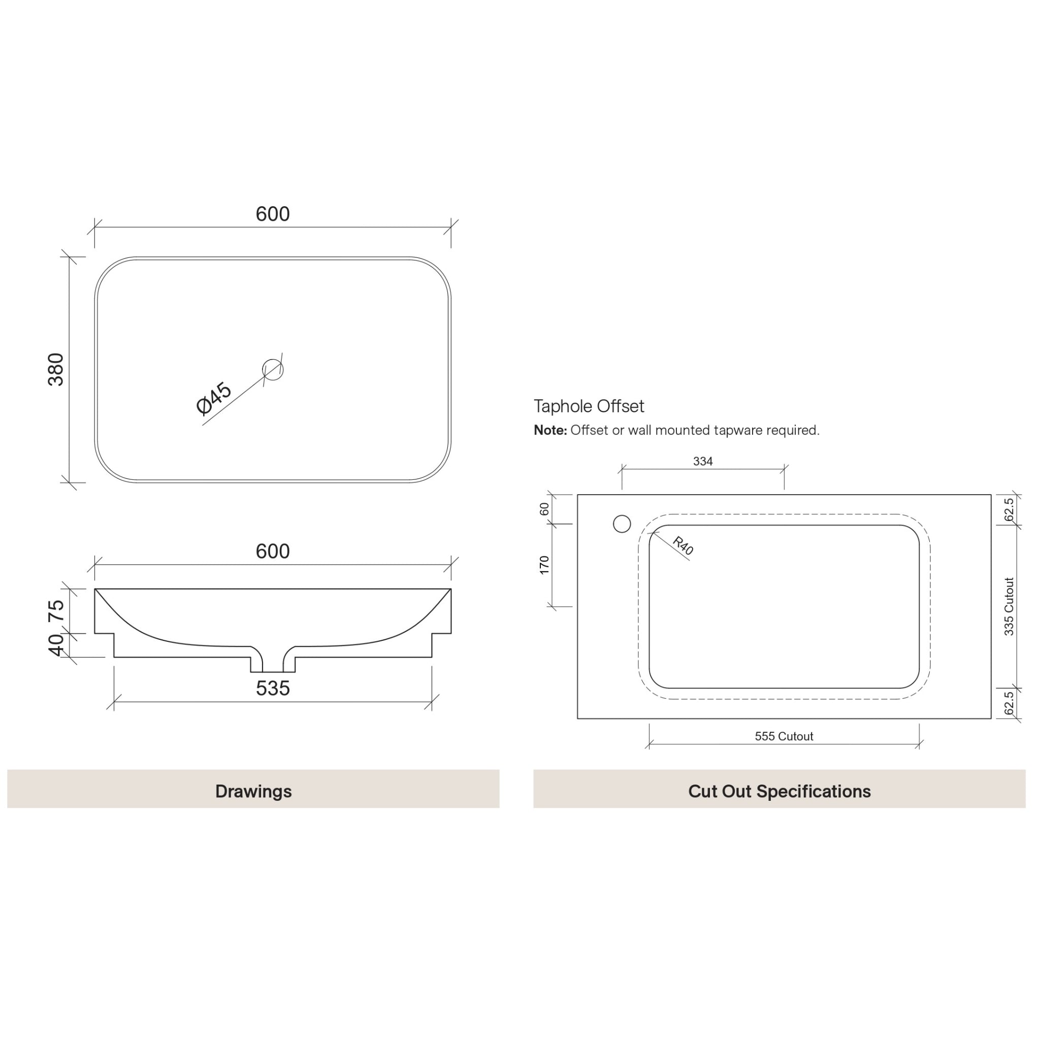 TIMBERLINE ROME INSET CERAMIC BASIN GLOSS WHITE 600MM