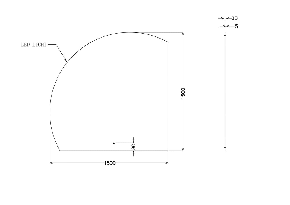 INFINITY ROMAN FRAMELESS ARCH RIGHT CORNER LED MIRROR TRIO COLOUR 1500X1500MM