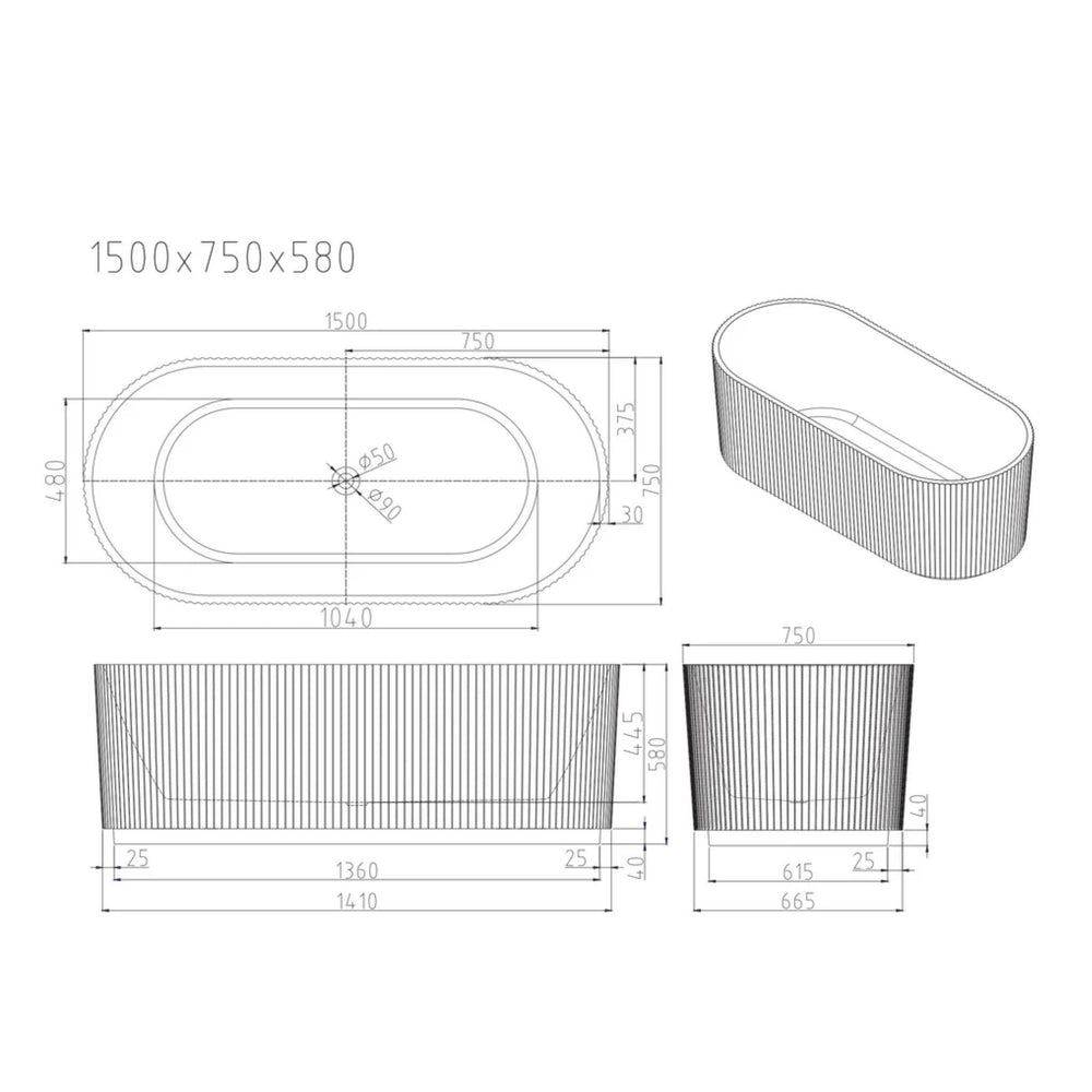 MERCIO ROSE FLUTED V-GROOVE FREESTANDING BATHTUB MATTE WHITE (AVAILABLE IN 1500MM AND 1700MM)
