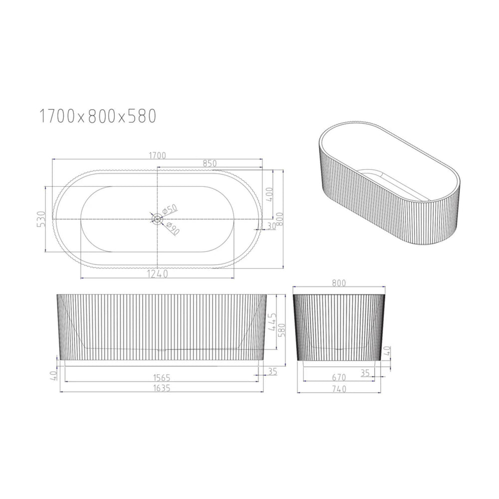 MERCIO ROSE FLUTED V-GROOVE FREESTANDING BATHTUB MATTE WHITE (AVAILABLE IN 1500MM AND 1700MM)