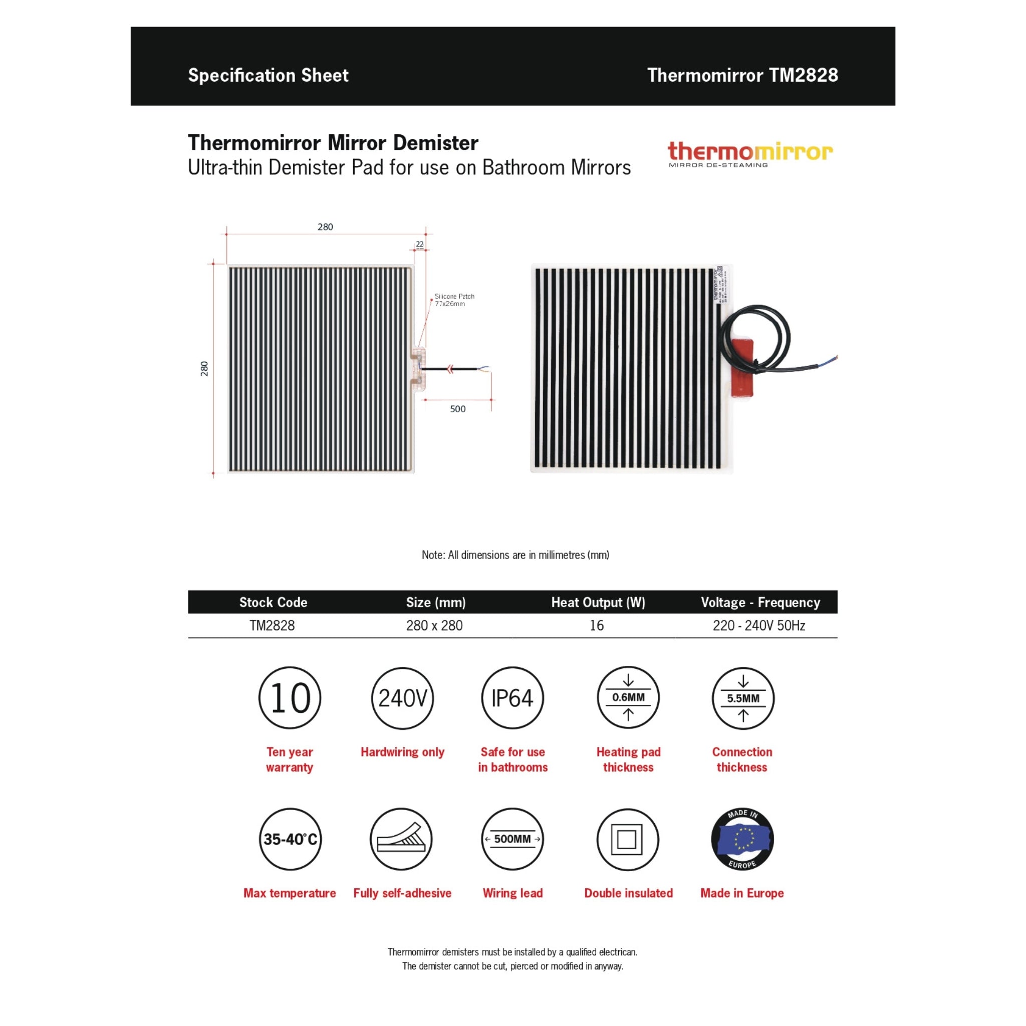 THERMOGROUP ABLAZE RIO FRAMELESS ROUND POLISHED EDGE MIRROR WITH DEMISTER 500MM