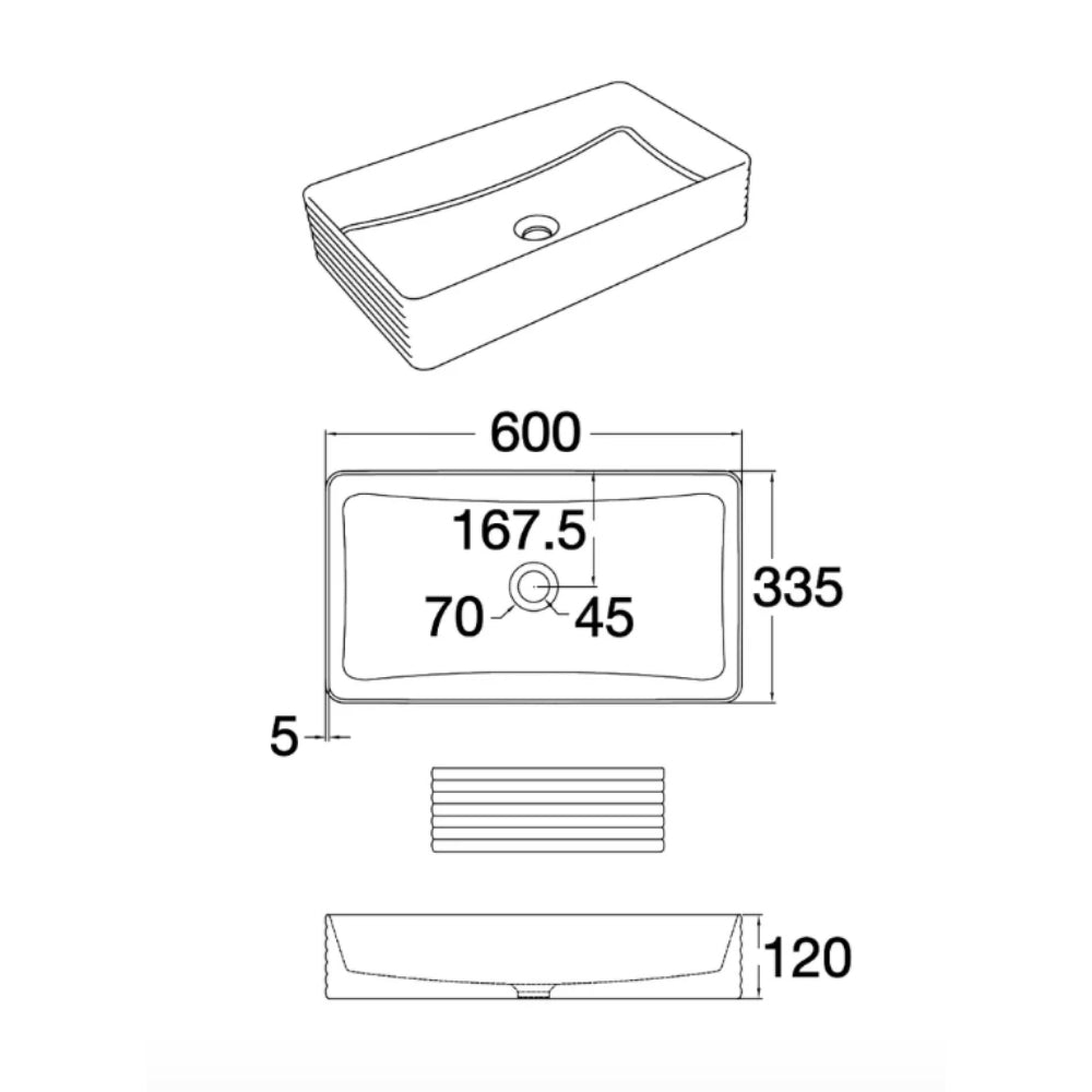 CLAYA RECTANGULAR FLUTED ABOVE COUNTER BASIN MATTE WHITE 620MM