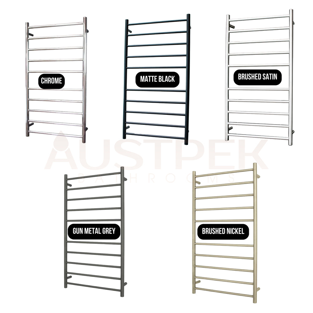 RADIANT HEATING 10-BARS ROUND HEATED TOWEL RAIL BRUSHED NICKEL 600MM