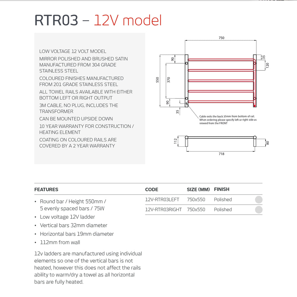 RADIANT HEATING 5-BARS ROUND HEATED TOWEL RAIL LOW VOLTAGE CHROME 750MM