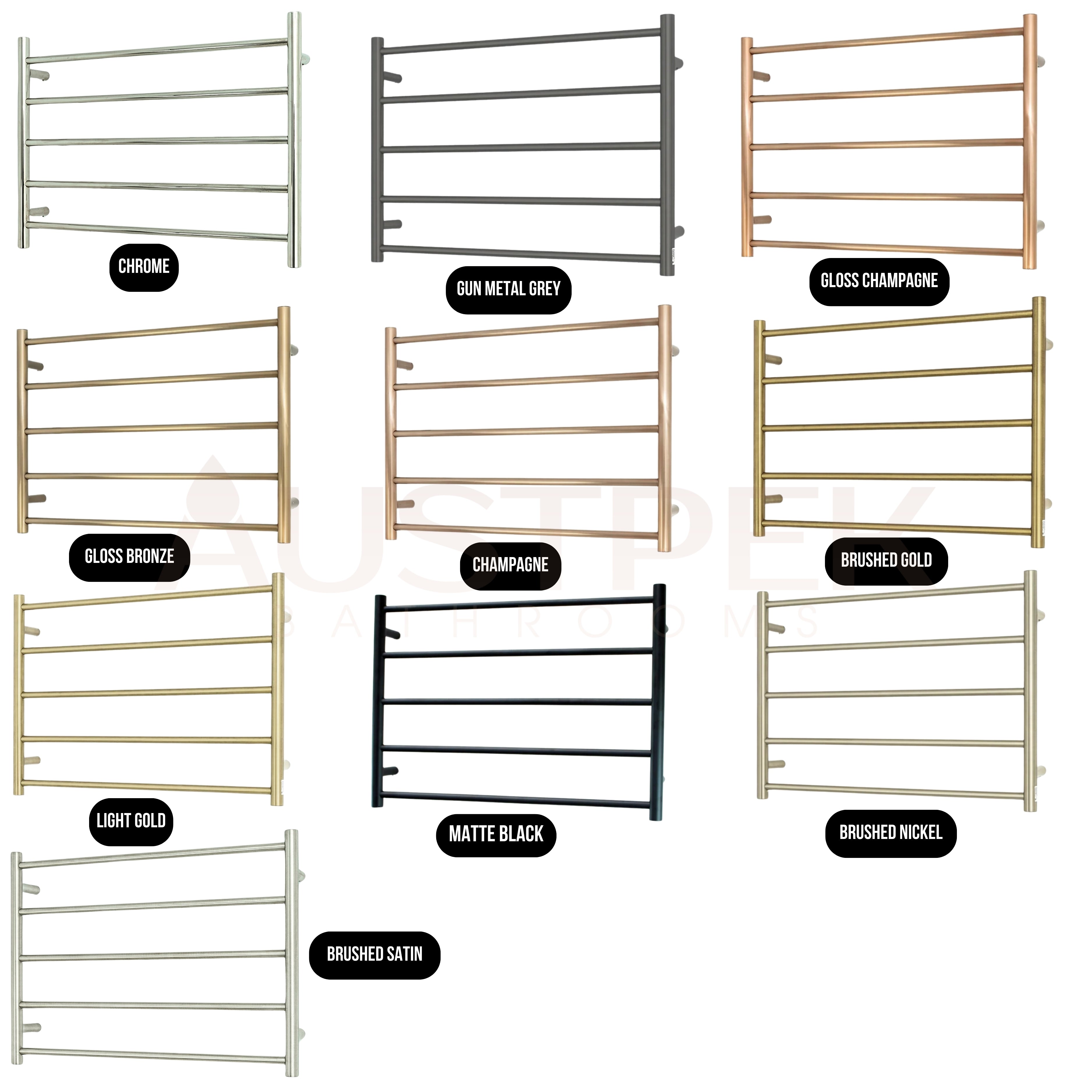 RADIANT HEATING 5-BARS ROUND HEATED TOWEL RAIL BRUSHED GOLD 750MM