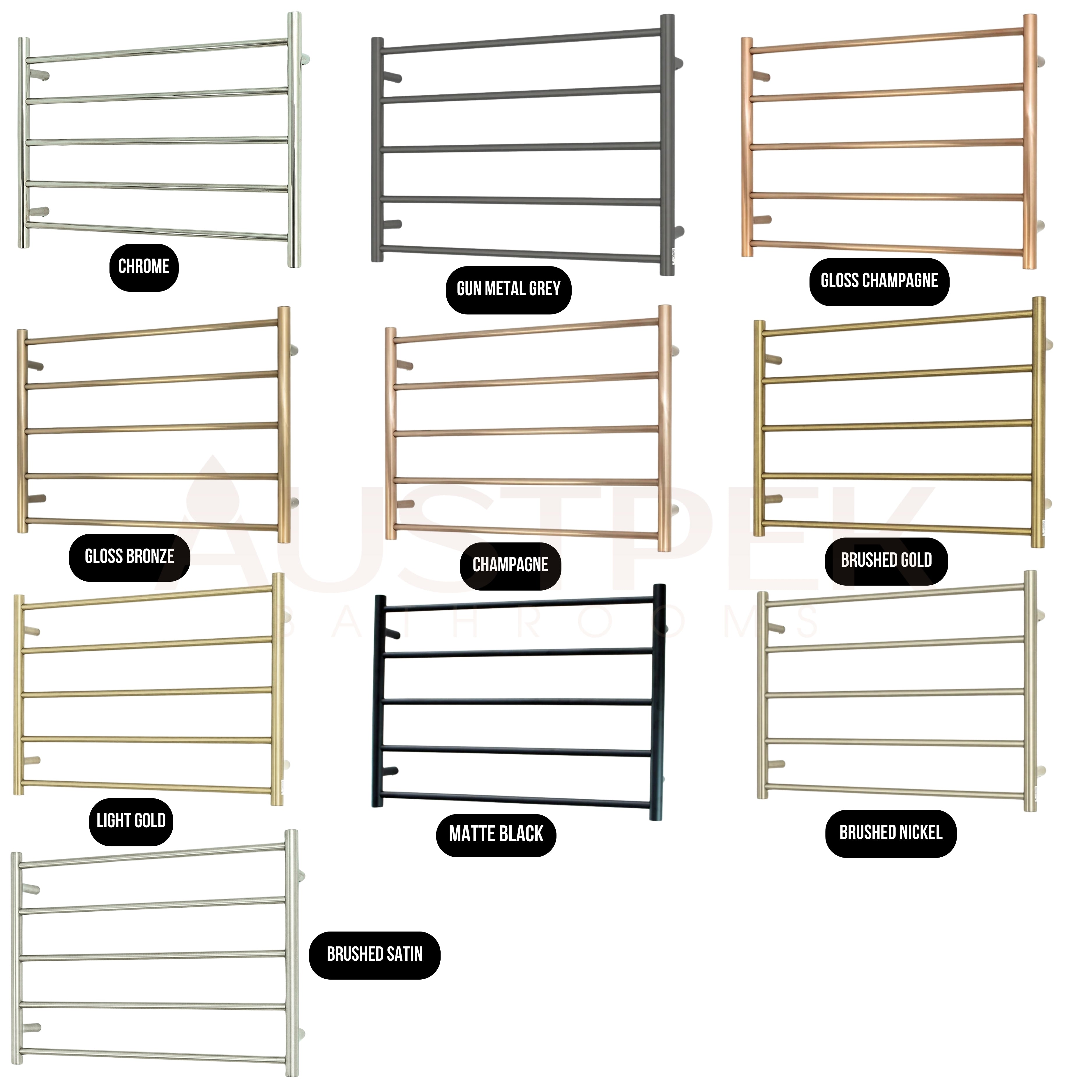 RADIANT HEATING 5-BARS ROUND HEATED TOWEL RAIL BRUSHED SATIN 750MM