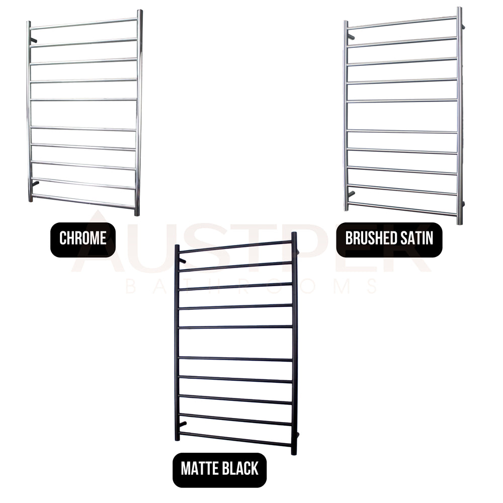 RADIANT HEATING 10-BARS ROUND HEATED TOWEL RAIL BRUSHED SATIN 130WATTS 750MM