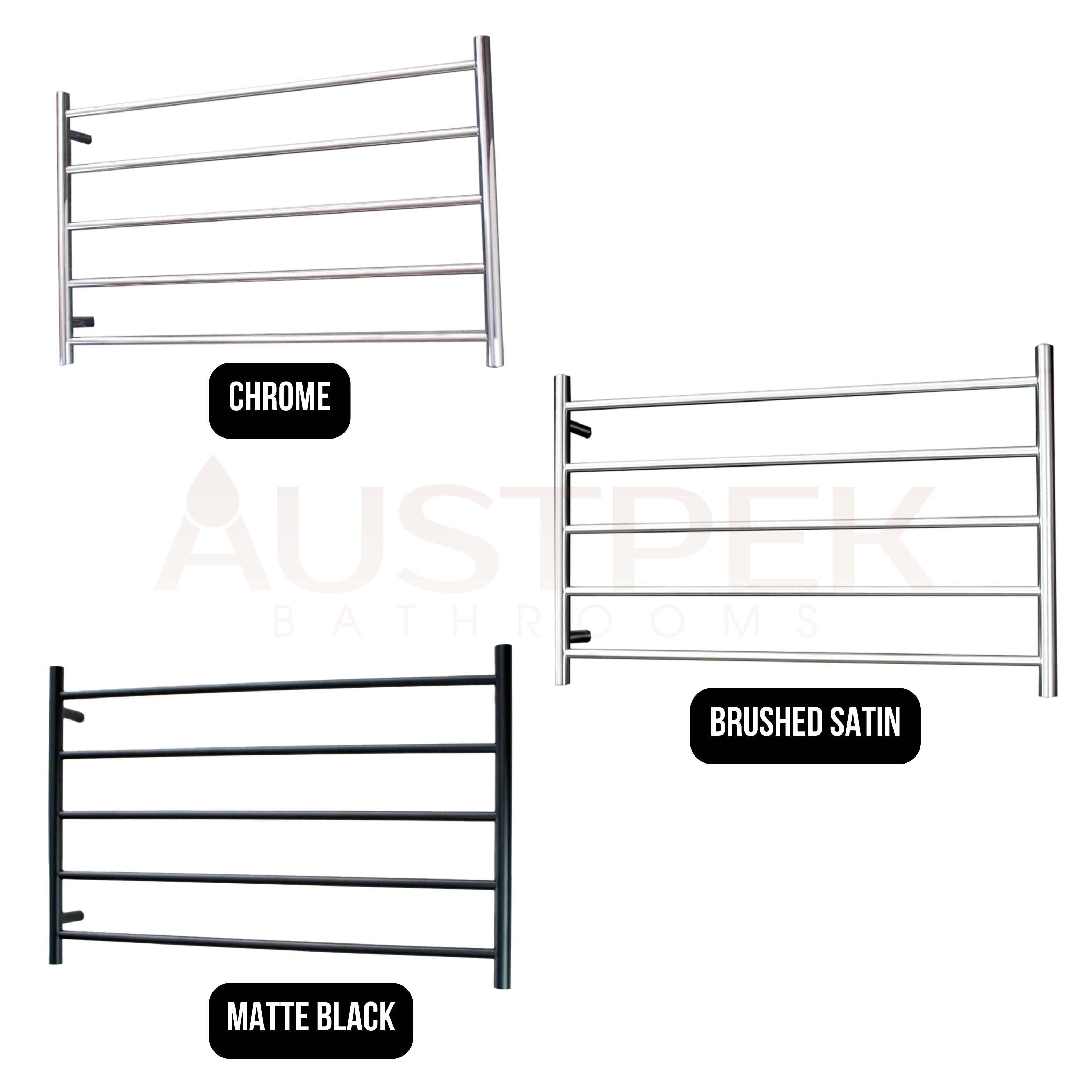 RADIANT HEATING 5-BARS ROUND HEATED TOWEL RAIL BRUSHED SATIN 80WATTS 950MM