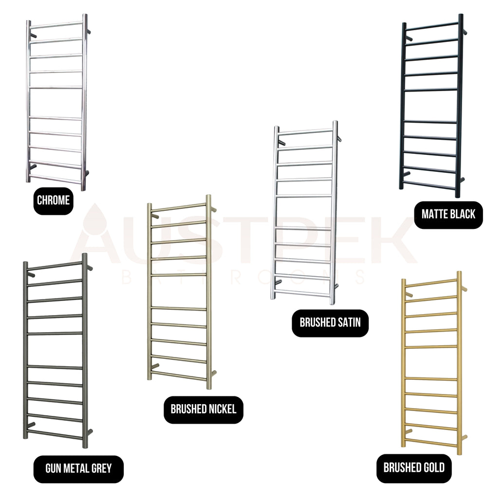 RADIANT HEATING 10-BARS ROUND HEATED TOWEL RAIL BRUSHED SATIN 80WATTS 430MM