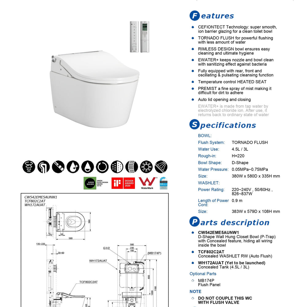 TOTO RW WALL HUNG TOILET WITH WASHLET PACKAGE W/ AUTOLID AND AUTOFLUSH (D-SHAPE) GLOSS WHITE