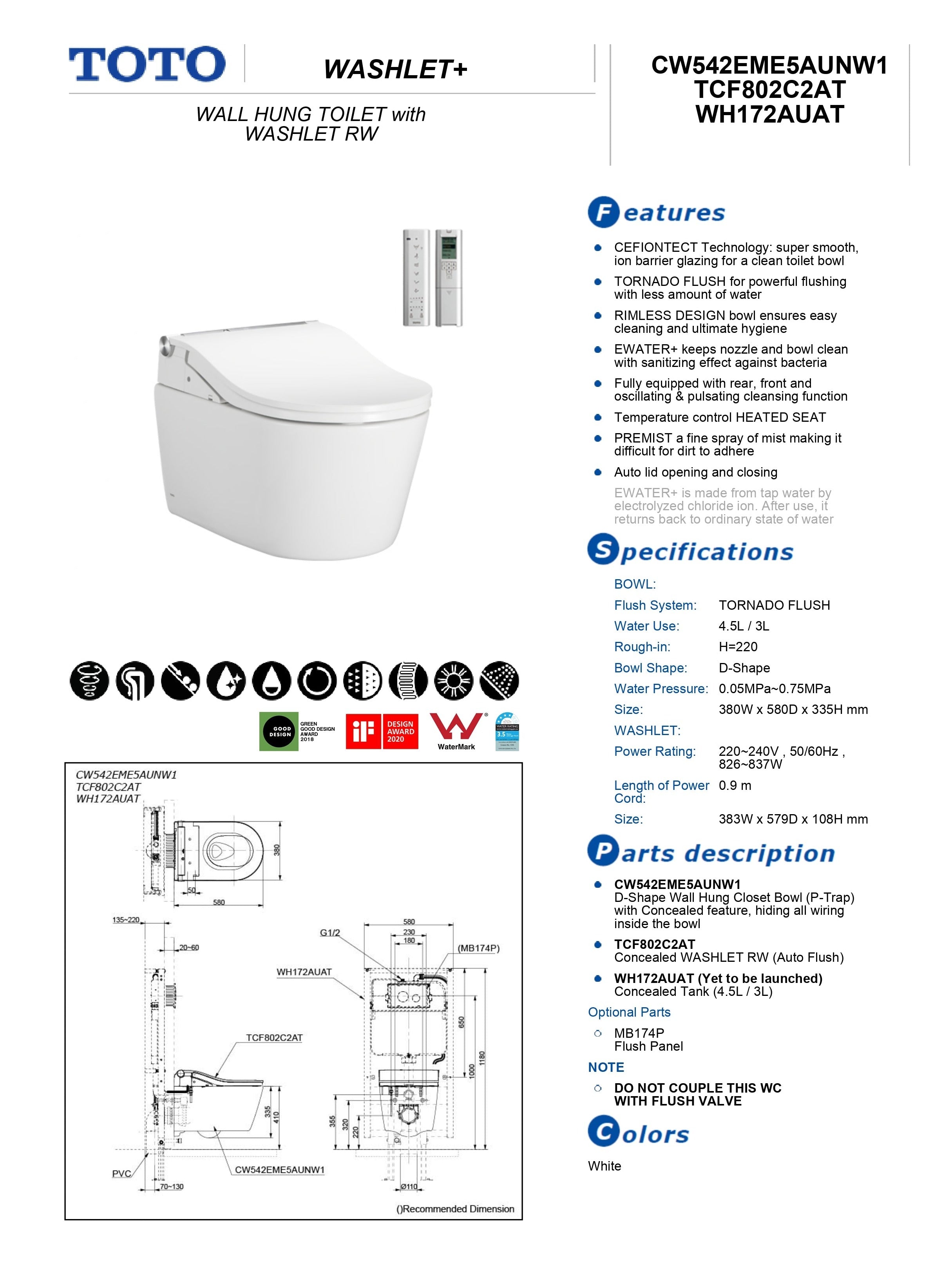 TOTO RW WALL HUNG TOILET WITH WASHLET PACKAGE W/ AUTOLID AND AUTOFLUSH (D-SHAPE) GLOSS WHITE