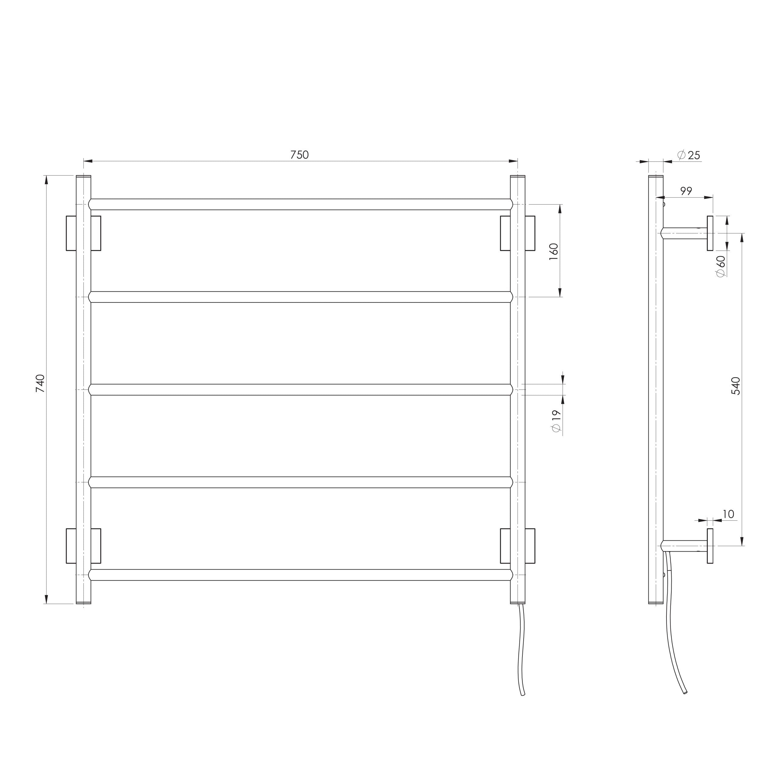 PHOENIX RADII 5-BARS ROUND HEATED TOWEL LADDER CHROME 750MM