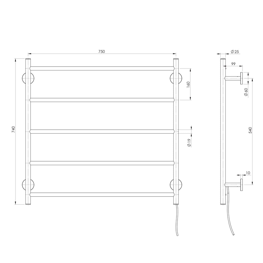 PHOENIX RADII 5-BARS ROUND HEATED TOWEL LADDER BRUSHED CARBON 750MM
