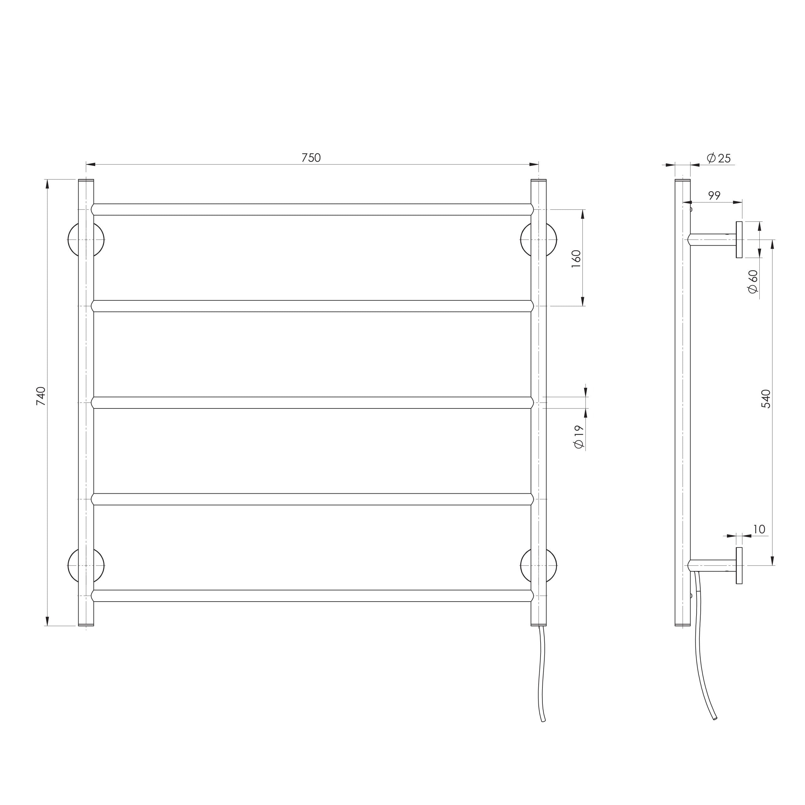 PHOENIX RADII 5-BARS ROUND HEATED TOWEL LADDER BRUSHED CARBON 750MM