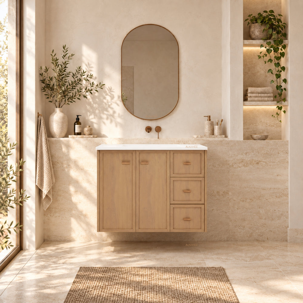 RIVA TOFINO COASTAL OAK 900MM SINGLE BOWL WALL HUNG VANITY (AVAILABLE IN LEFT HAND DRAWER AND RIGHT HAND DRAWER)