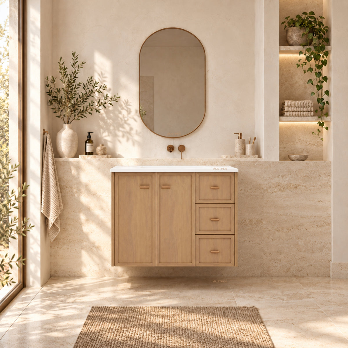 RIVA TOFINO COASTAL OAK 900MM SINGLE BOWL WALL HUNG VANITY (AVAILABLE IN LEFT HAND DRAWER AND RIGHT HAND DRAWER)