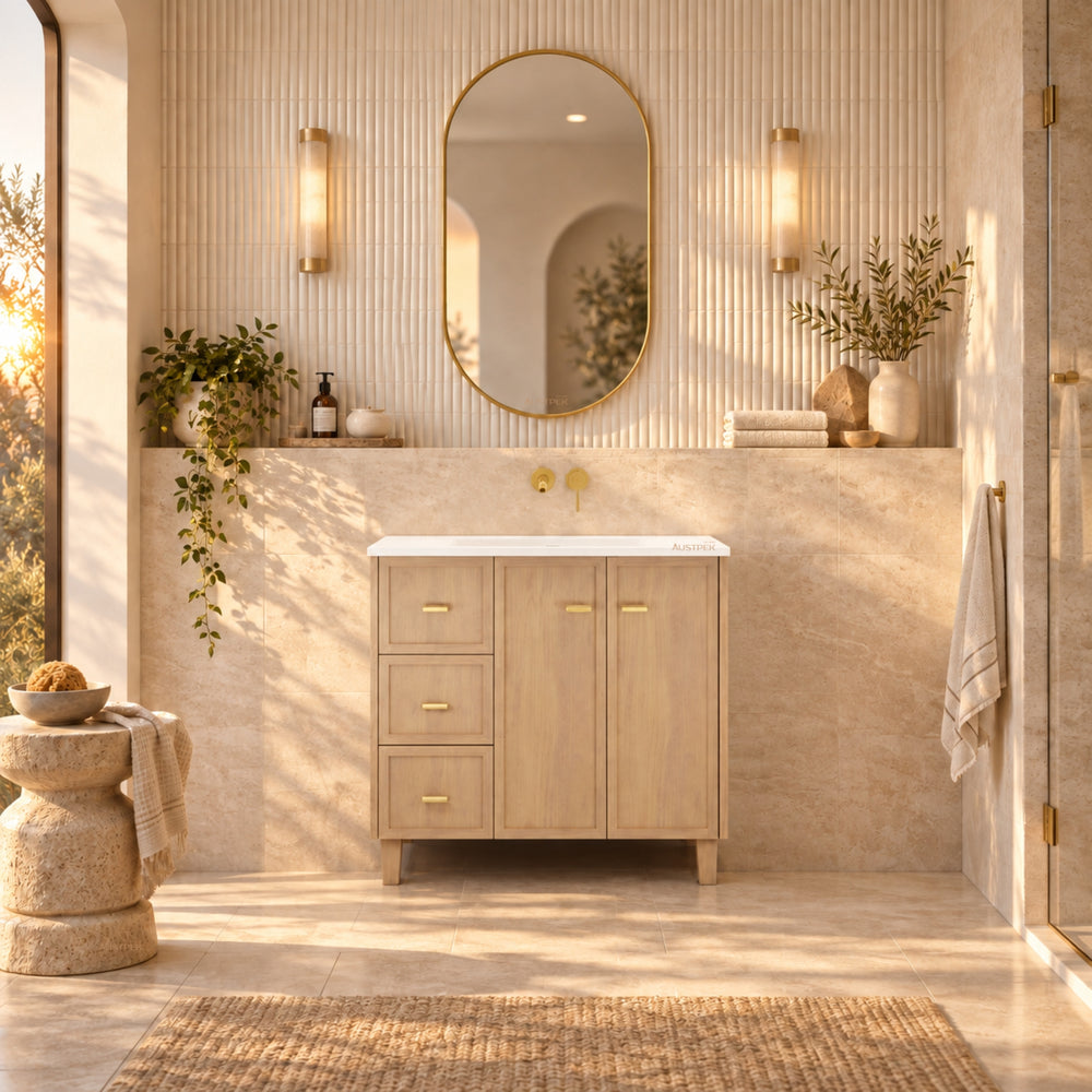 RIVA TOFINO COASTAL OAK 900MM SINGLE BOWL FLOOR STANDING VANITY (AVAILABLE IN LEFT HAND DRAWER AND RIGHT HAND DRAWER)
