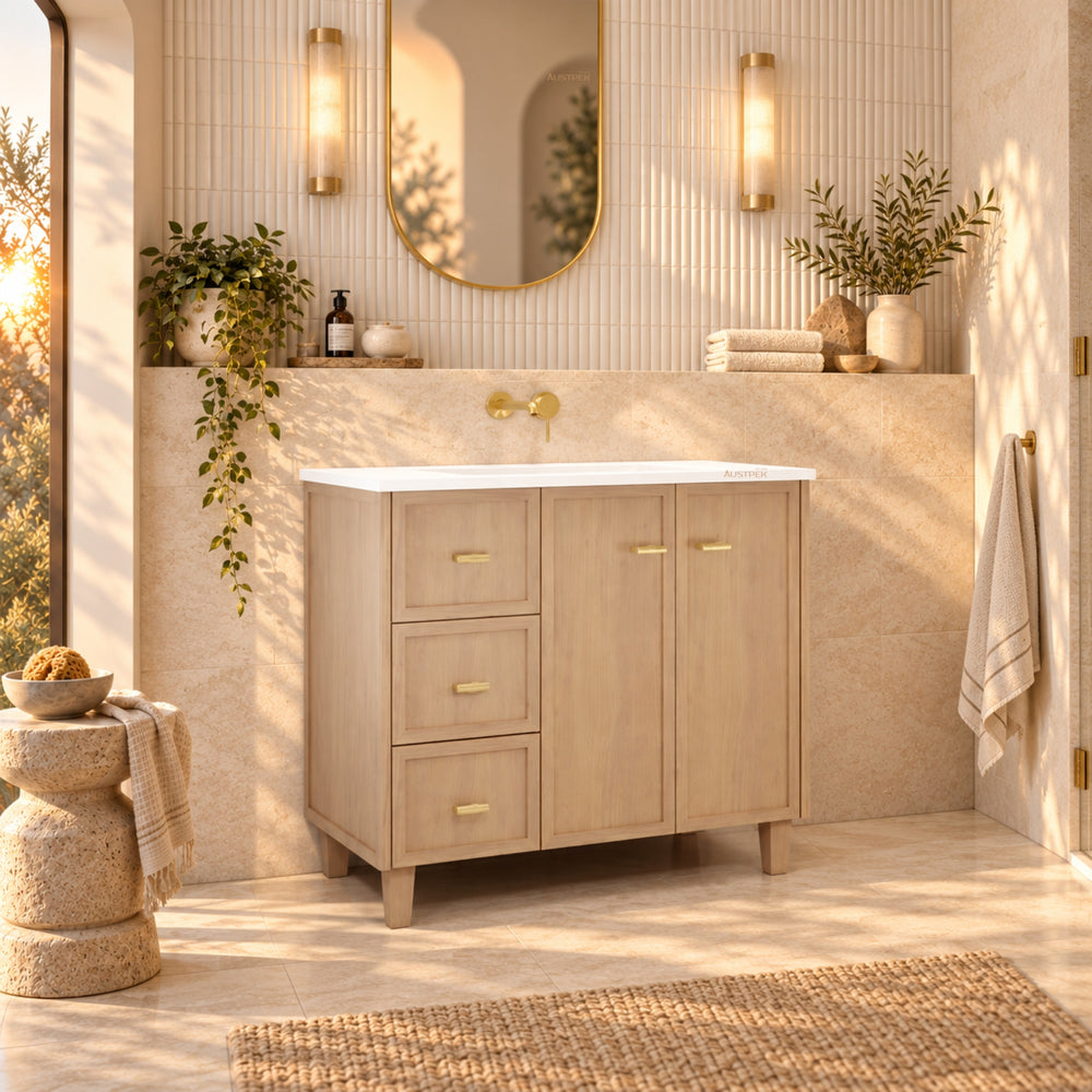 RIVA TOFINO COASTAL OAK 900MM SINGLE BOWL FLOOR STANDING VANITY (AVAILABLE IN LEFT HAND DRAWER AND RIGHT HAND DRAWER)
