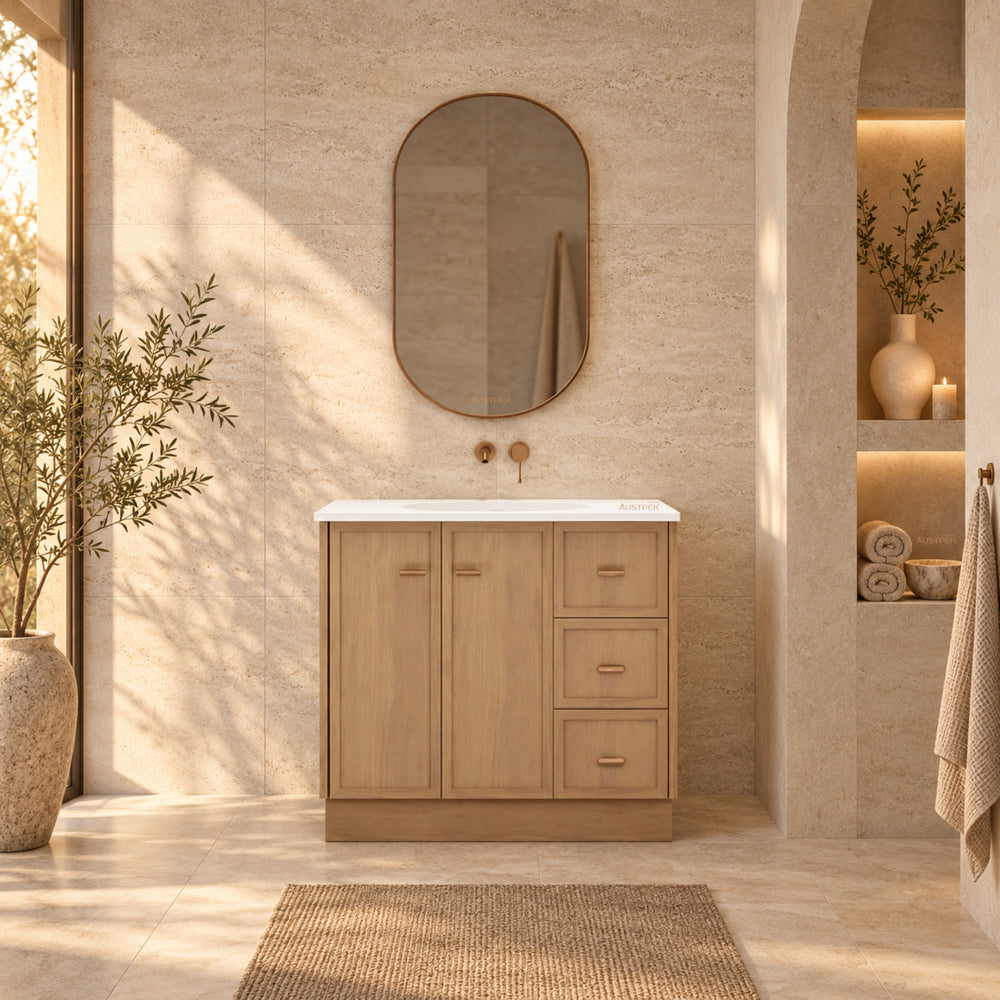 RIVA TOFINO COASTAL OAK 900MM SINGLE BOWL FLOOR STANDING VANITY WITH KICKBOARD (AVAILABLE IN LEFT HAND DRAWER AND RIGHT HAND DRAWER)