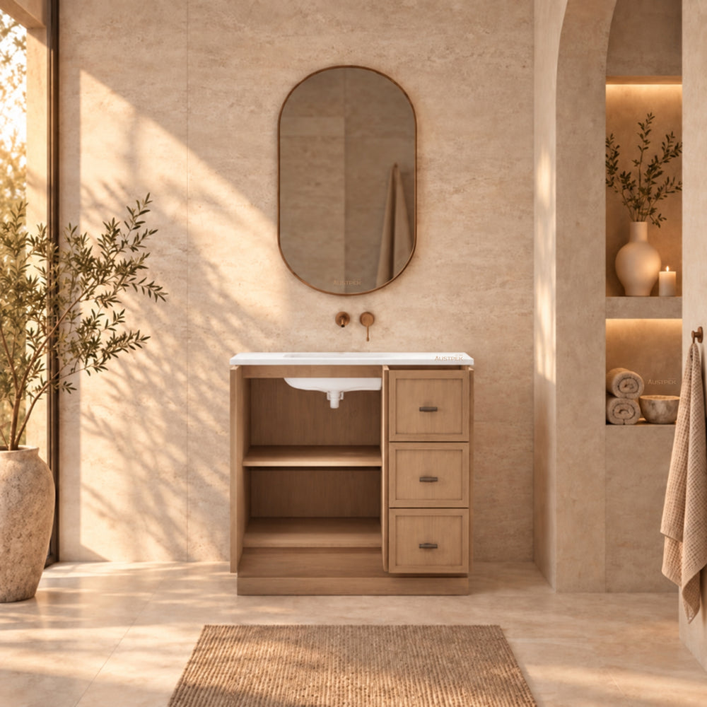RIVA TOFINO COASTAL OAK 900MM SINGLE BOWL FLOOR STANDING VANITY WITH KICKBOARD (AVAILABLE IN LEFT HAND DRAWER AND RIGHT HAND DRAWER)