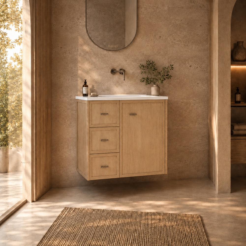 RIVA TOFINO COASTAL OAK 750MM SINGLE BOWL WALL HUNG VANITY (AVAILABLE IN LEFT HAND DRAWER AND RIGHT HAND DRAWER)