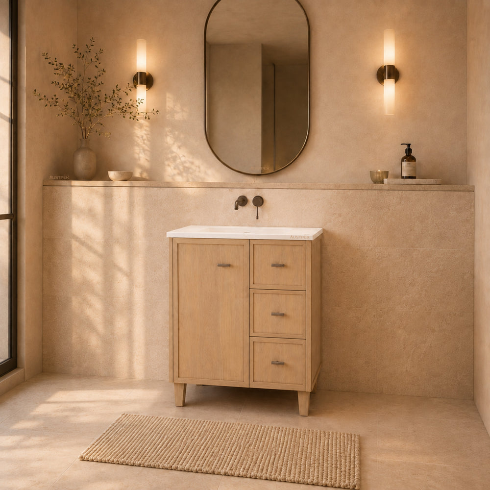 RIVA TOFINO COASTAL OAK 750MM SINGLE BOWL FLOOR STANDING VANITY (AVAILABLE IN LEFT HAND DRAWER AND RIGHT HAND DRAWER)