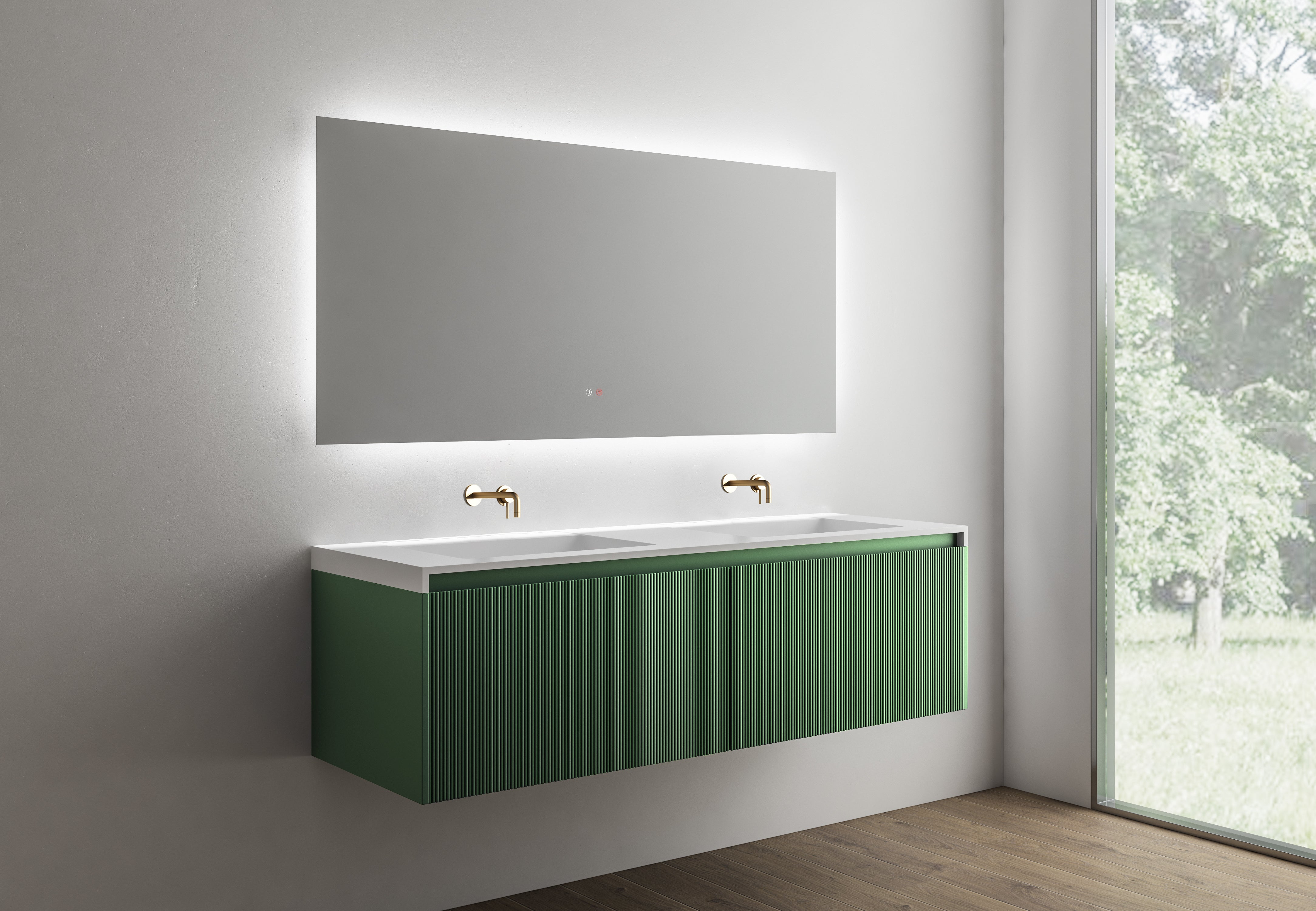 BEL BAGNO RIMINI RAIN FOREST 1500MM DOUBLE BOWL WALL HUNG VANITY AND BASIN