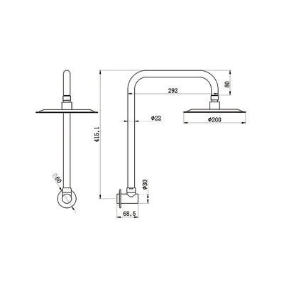 AMOZA GOOSENECK SHOWER ARM & HEAD 2 PACK 200MM BRUSHED STAINLESS STEEL