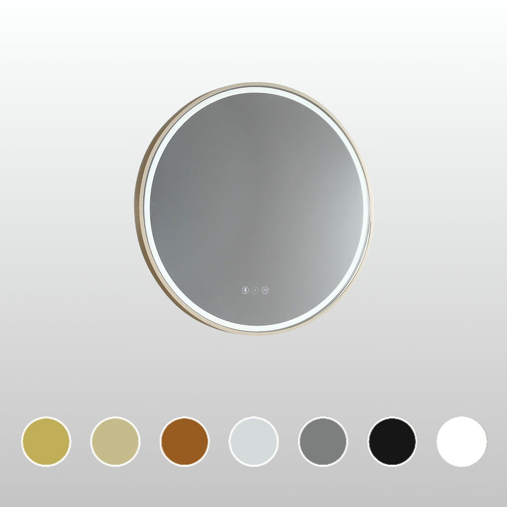 REMER SPHERE FRAMED LED MIRROR W/ DEMISTER, BLUETOOTH SPEAKERS & PORTABLE MAGNIFIER CUSTOM COLOURS 600X600MM