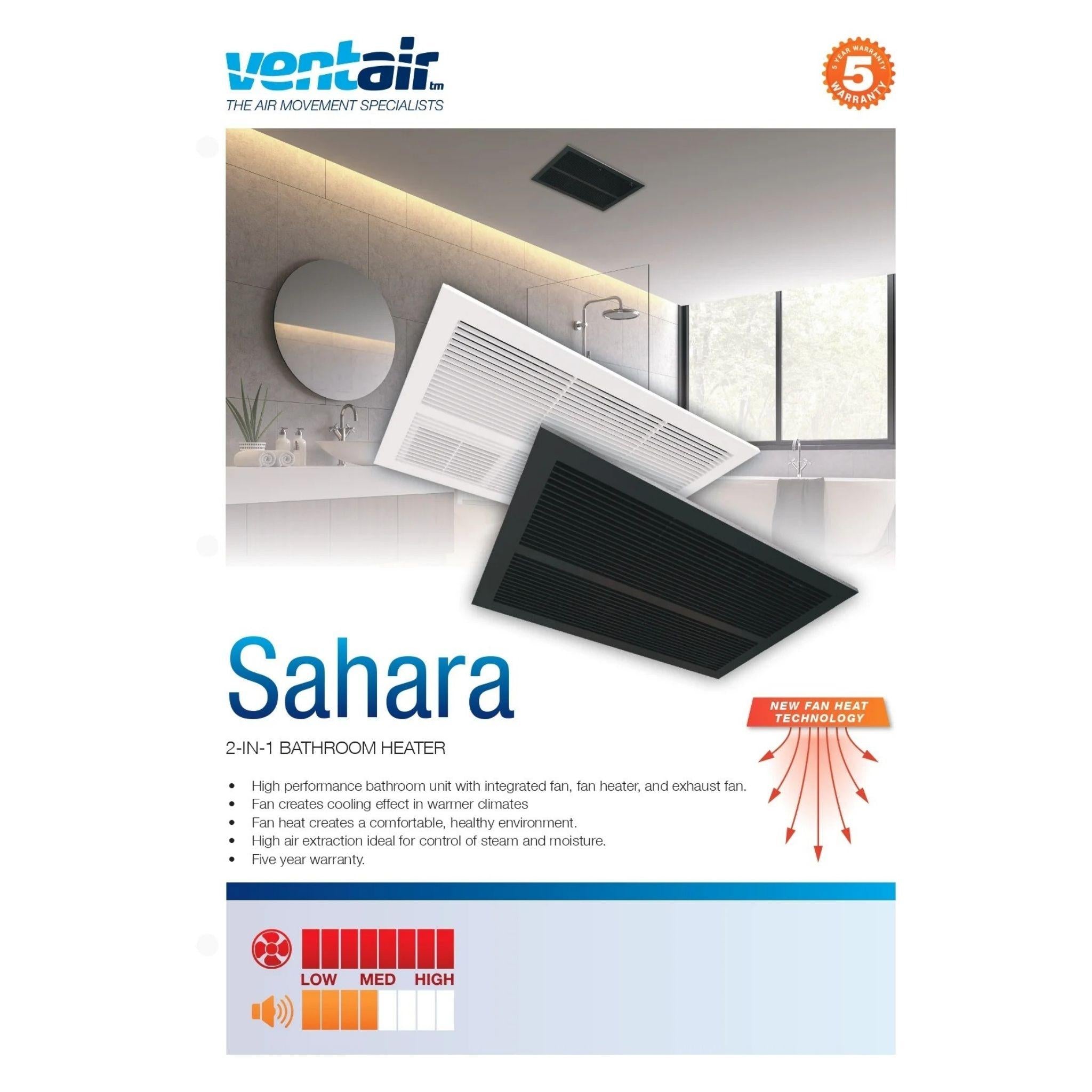 VENTAIR SAHARA HIGH PERFORMANCE 2 IN 1 BATHROOM UNIT WITH INTEGRATED FAN,HEAT AND EXHAUST FAN BLACK