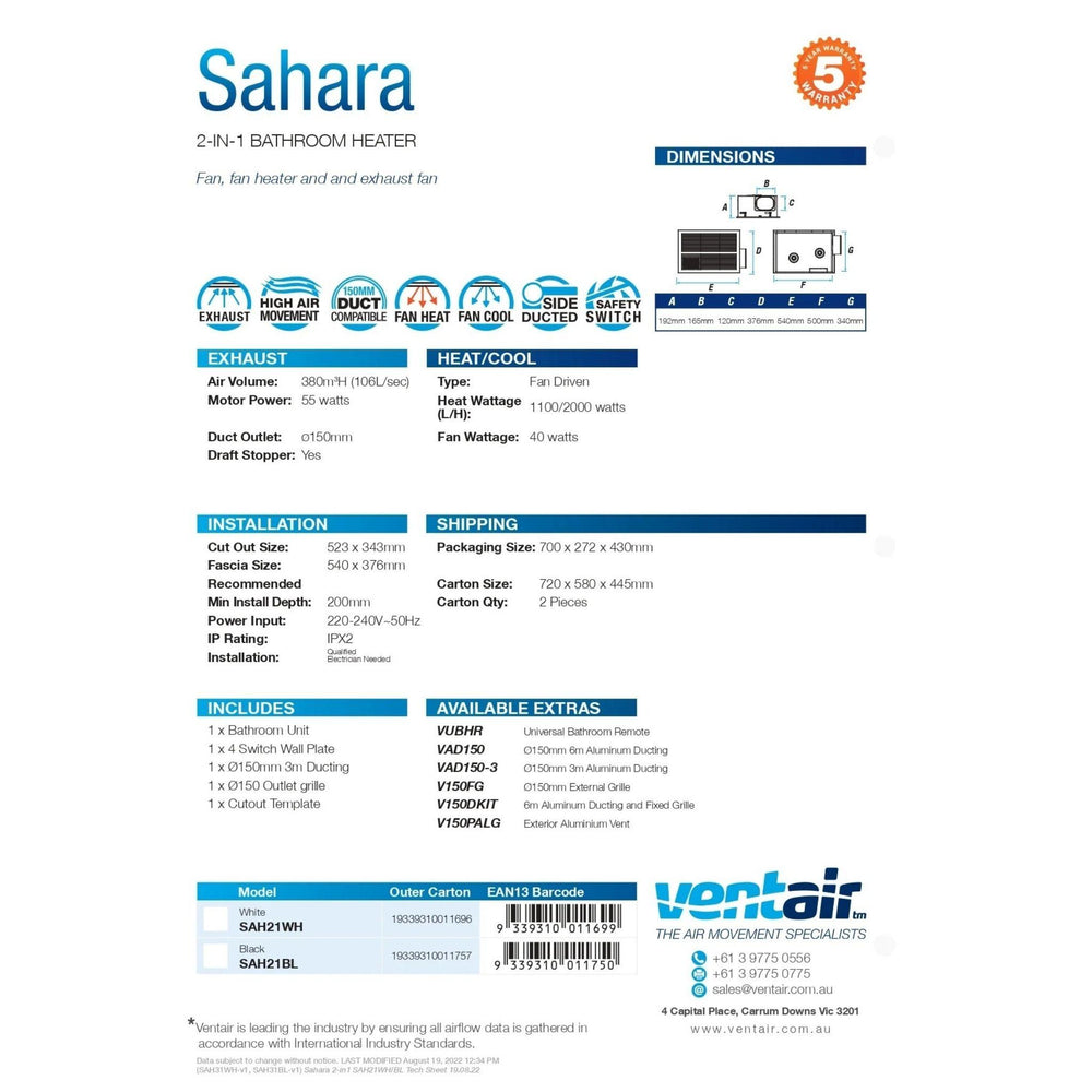 VENTAIR SAHARA HIGH PERFORMANCE 2 IN 1 BATHROOM UNIT WITH INTEGRATED FAN, HEAT AND EXHAUST FAN WHITE