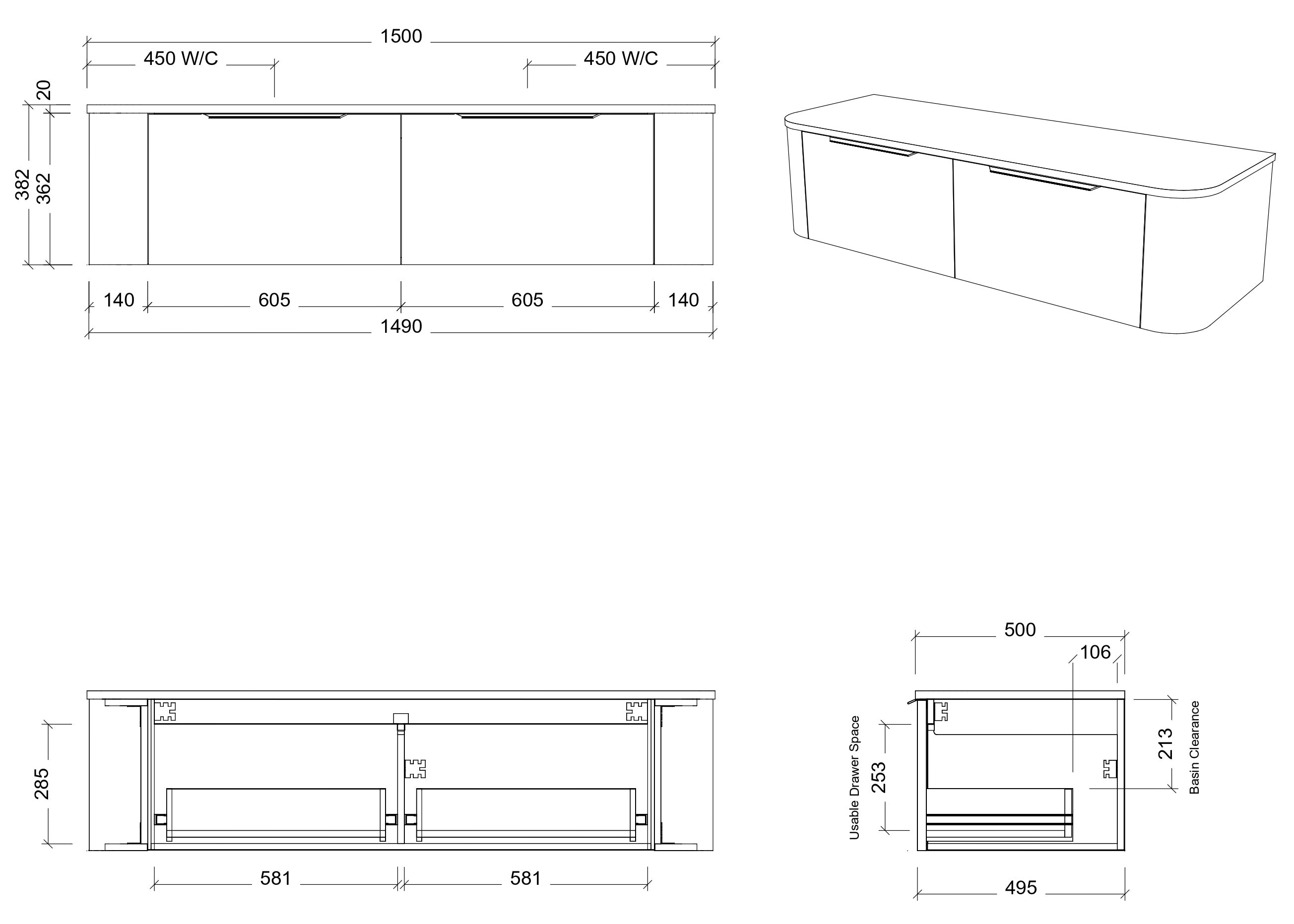 TIMBERLINE SANTOS CUSTOM WALL HUNG VANITY (ALL SIZING)