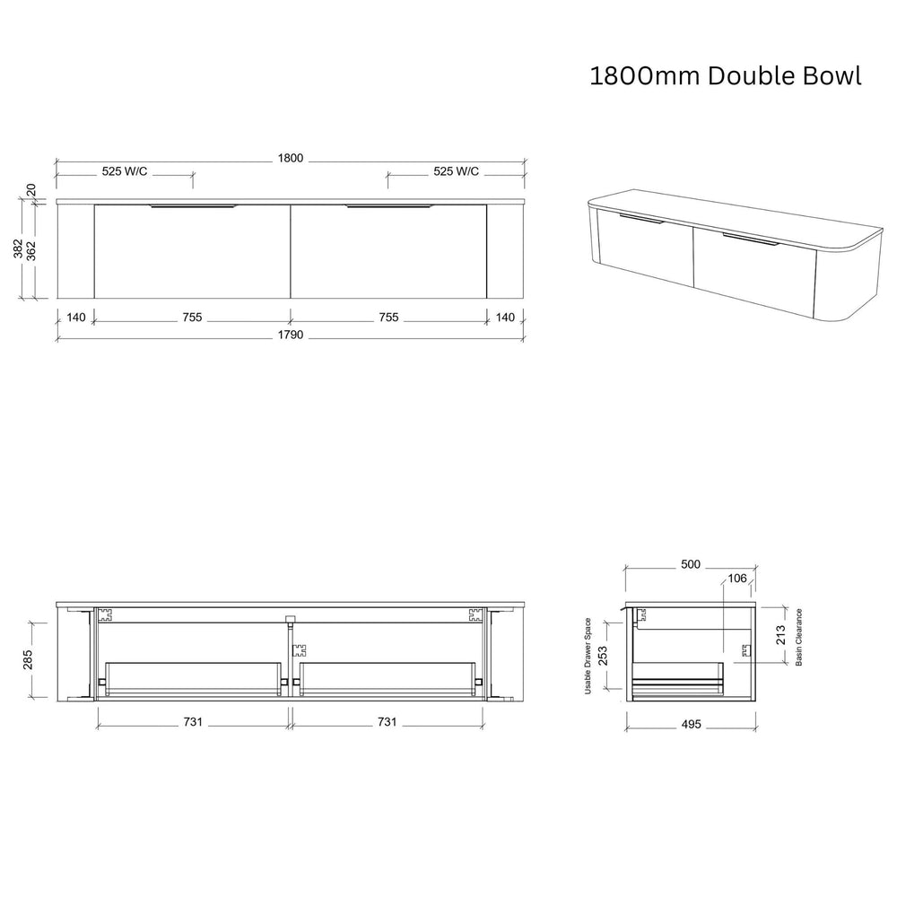 TIMBERLINE SANTOS WHITE SATIN 1800MM DOUBLE BOWL WALL HUNG VANITY