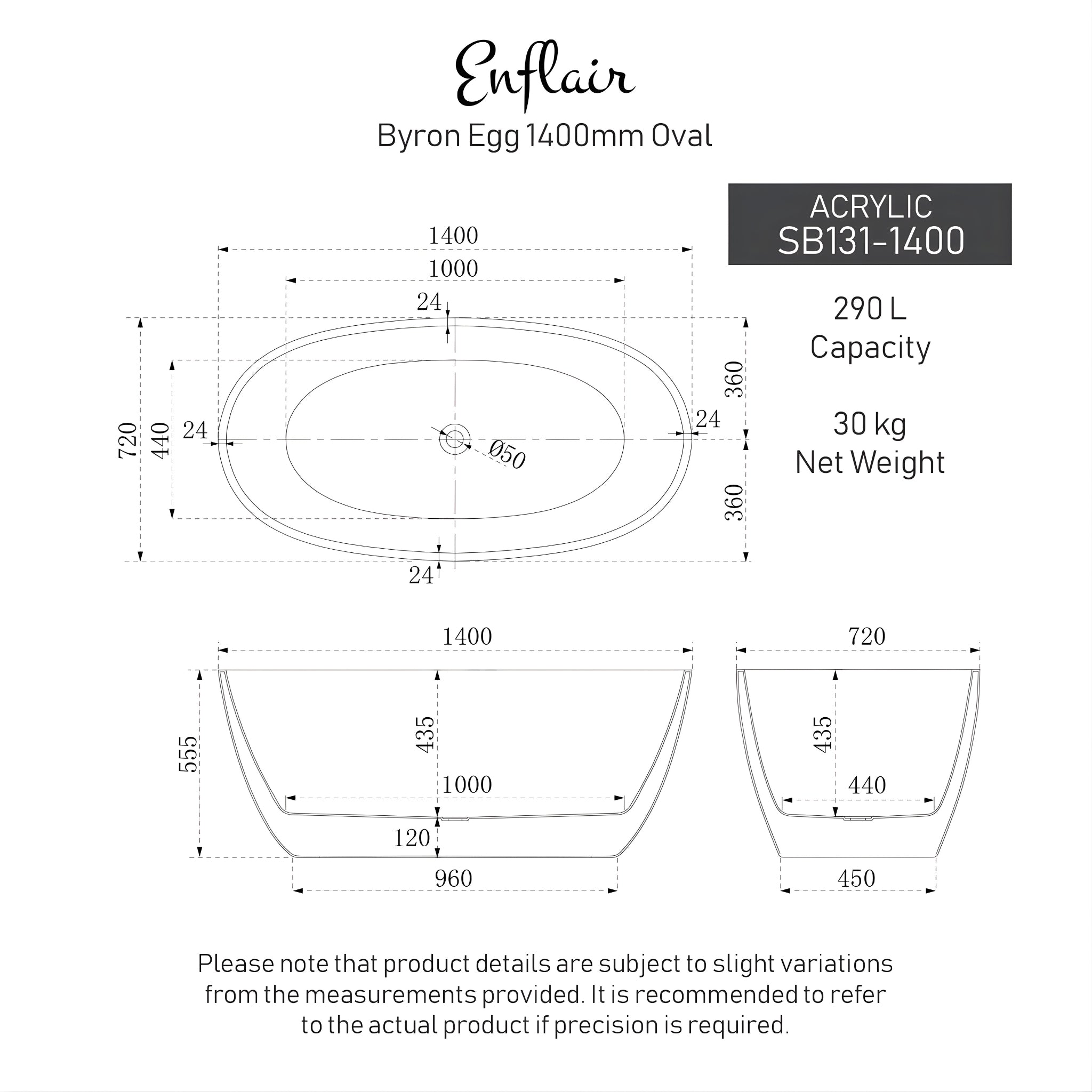ENFLAIR BYRON EGG FREESTANDING BATH MATTE WHITE (MULTIPLE SIZES AVAILABLE)