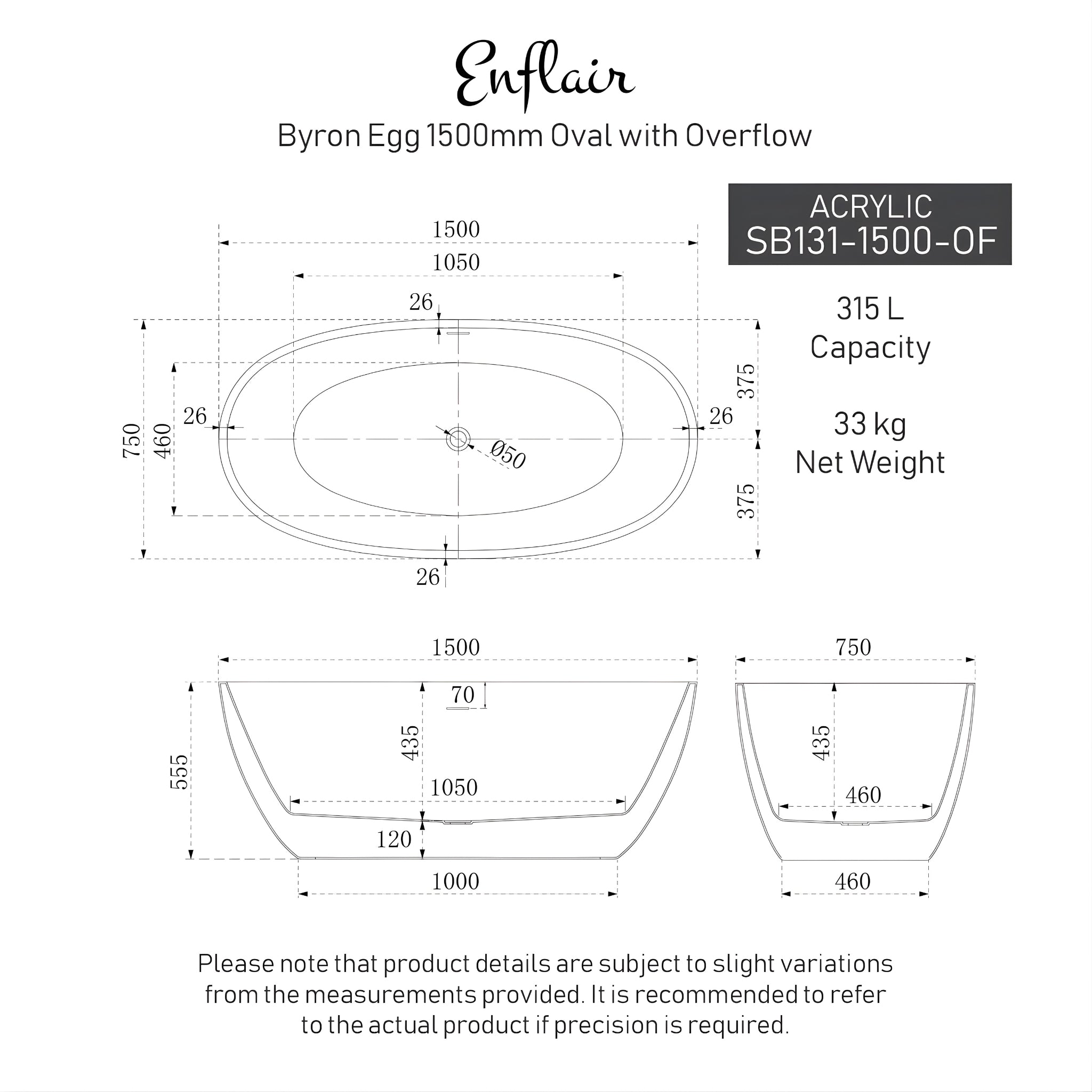 ENFLAIR BYRON EGG FREESTANDING BATH WITH OVERFLOW MATTE BLACK (AVAILABLE IN 1500MM AND 1700MM)