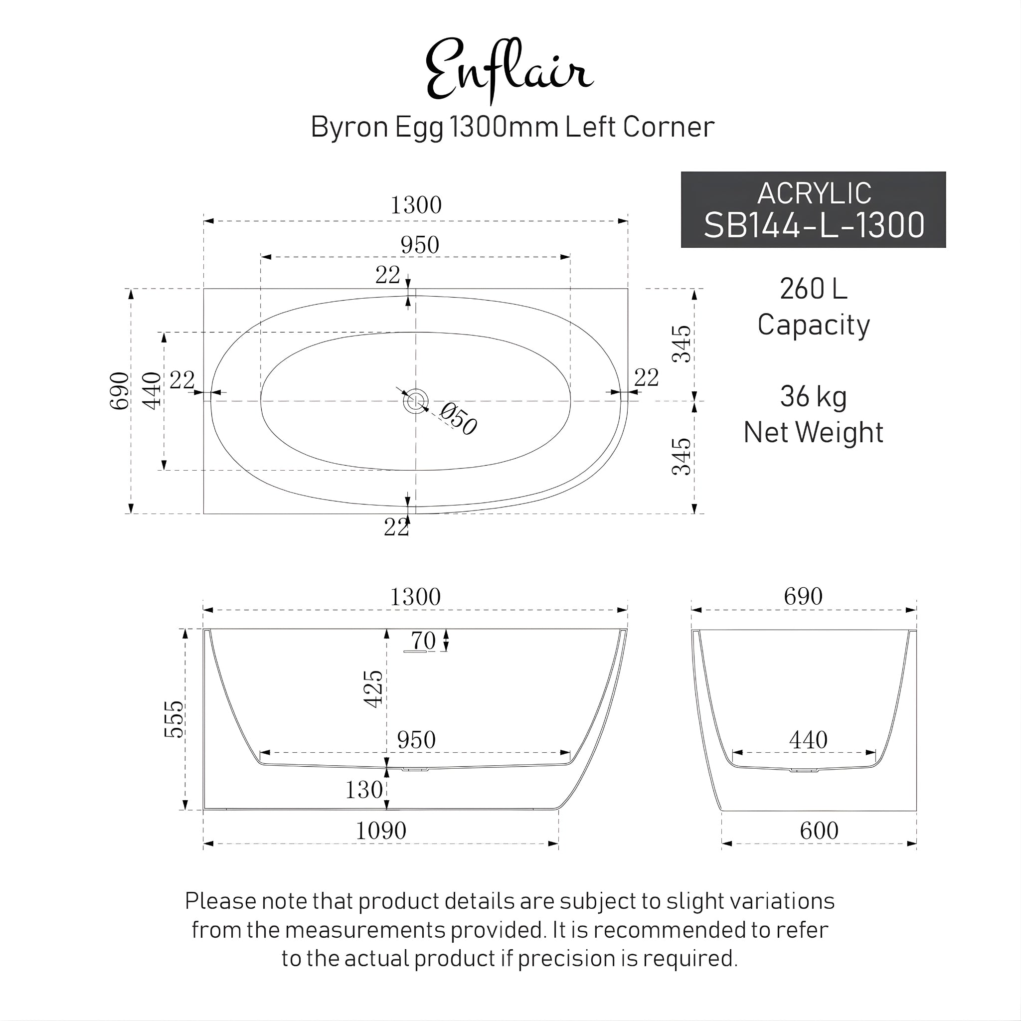 ENFLAIR BYRON EGG LEFT CORNER FREESTANDING BATH WITH OVERFLOW MATTE WHITE (MULTIPLE SIZES AVAILABLE)