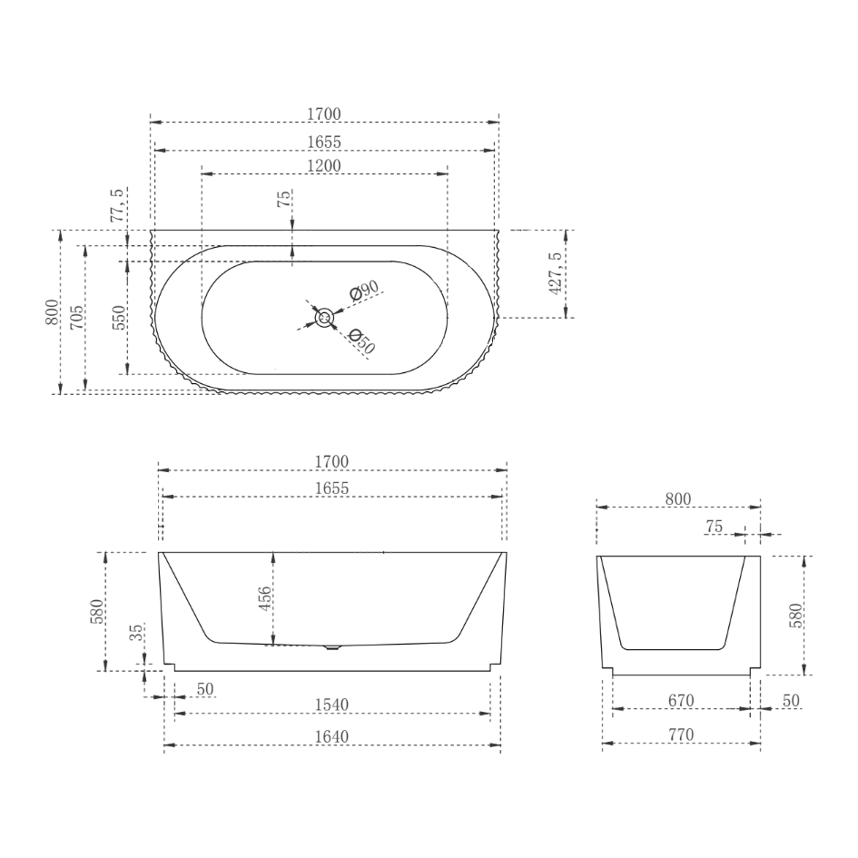 ENFLAIR BRIGHTON GROOVE FREESTANDING BACK TO WALL BATHTUB GLOSS WHITE (AVAILABLE IN 1500MM AND 1700MM)