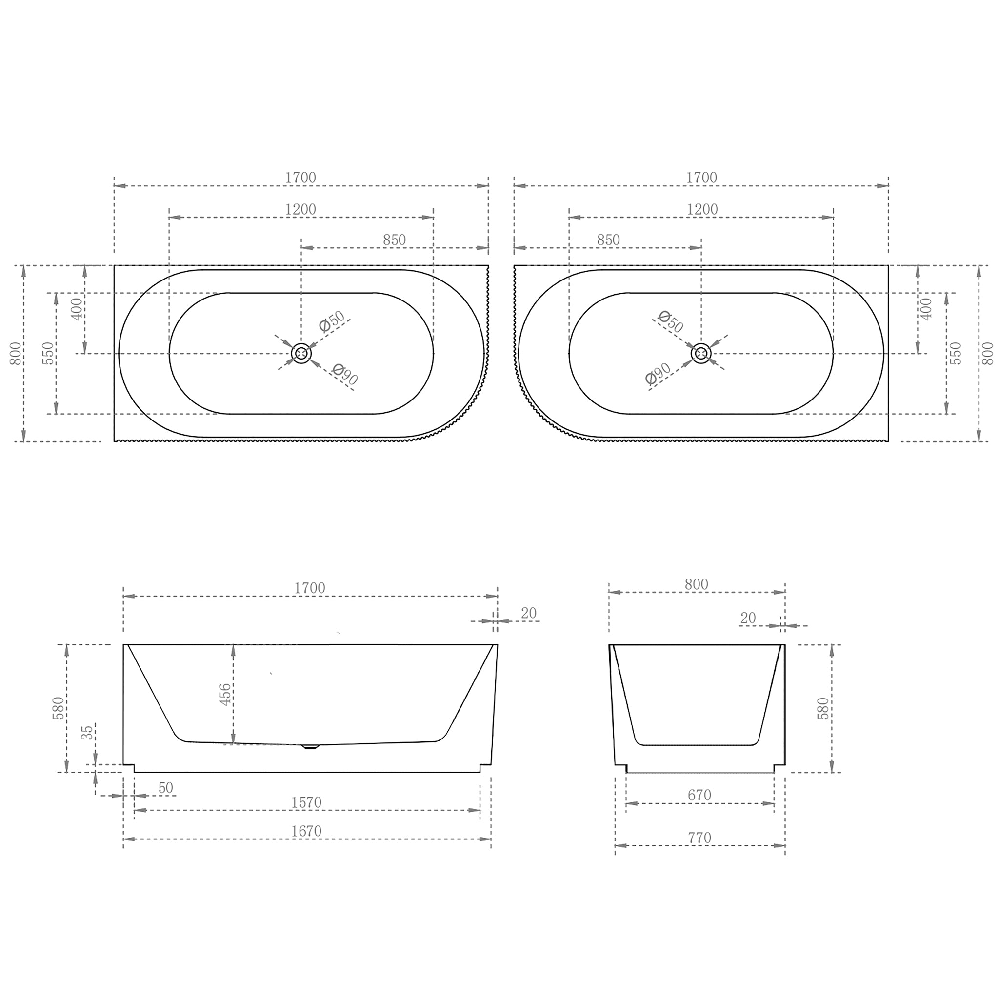 ENFLAIR BRIGHTON GROOVE FREESTANDING LEFT CORNER BATH MATTE WHITE (AVAILABLE IN 1500MM AND 1700MM)